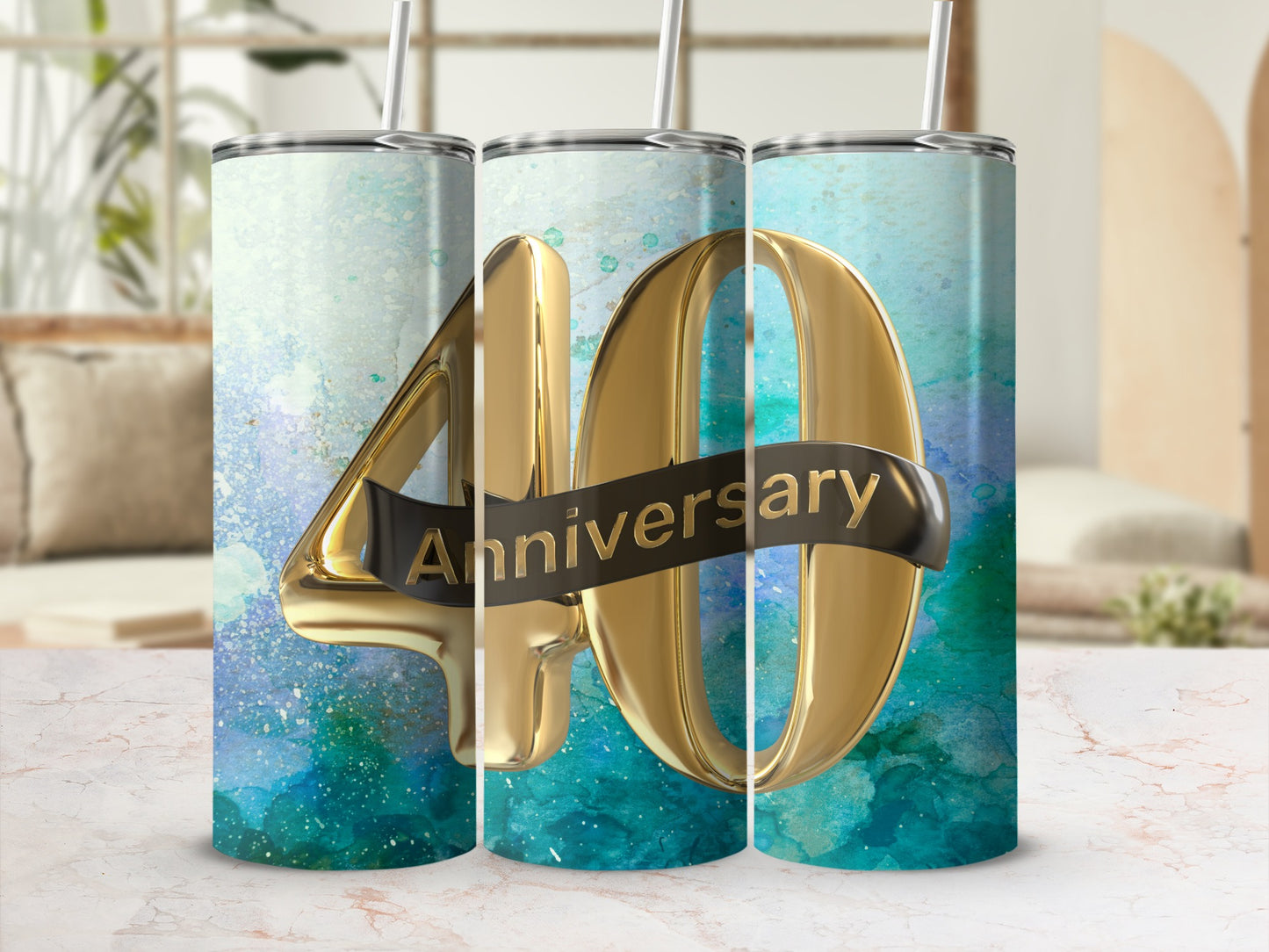 Gold "40 Anniversary" text on a colorful watercolor background tumbler.