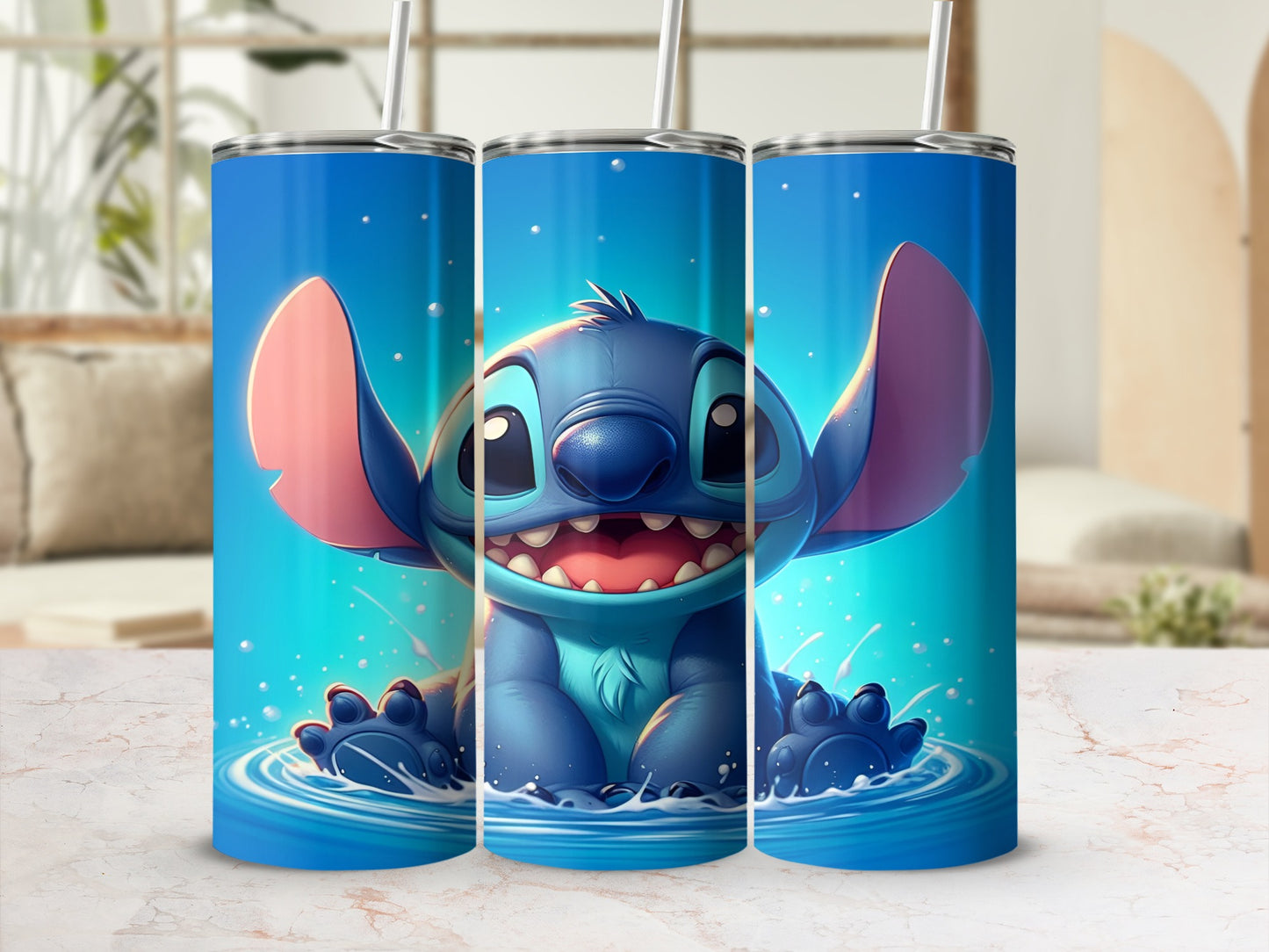 Blue Stitch character smiling in water with bubbles.