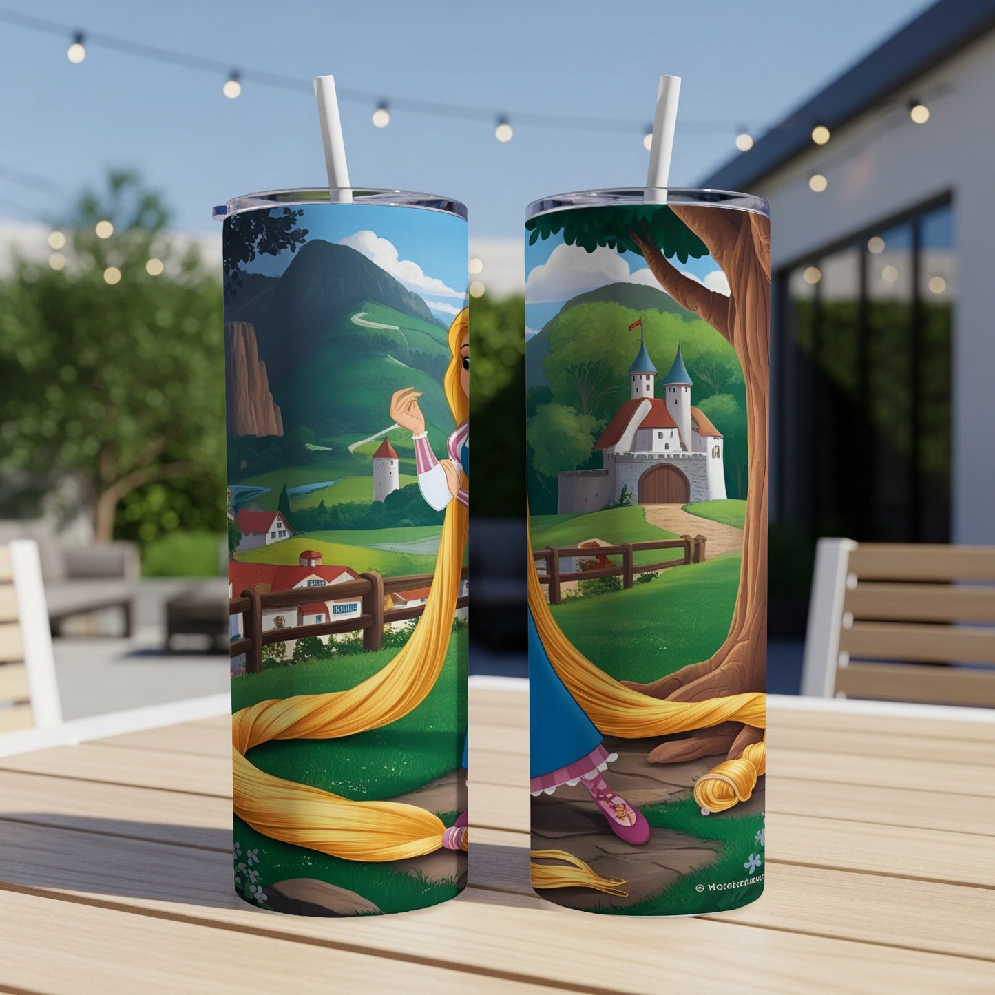 Rapunzel with long blonde hair on a tumbler, castle in background.
