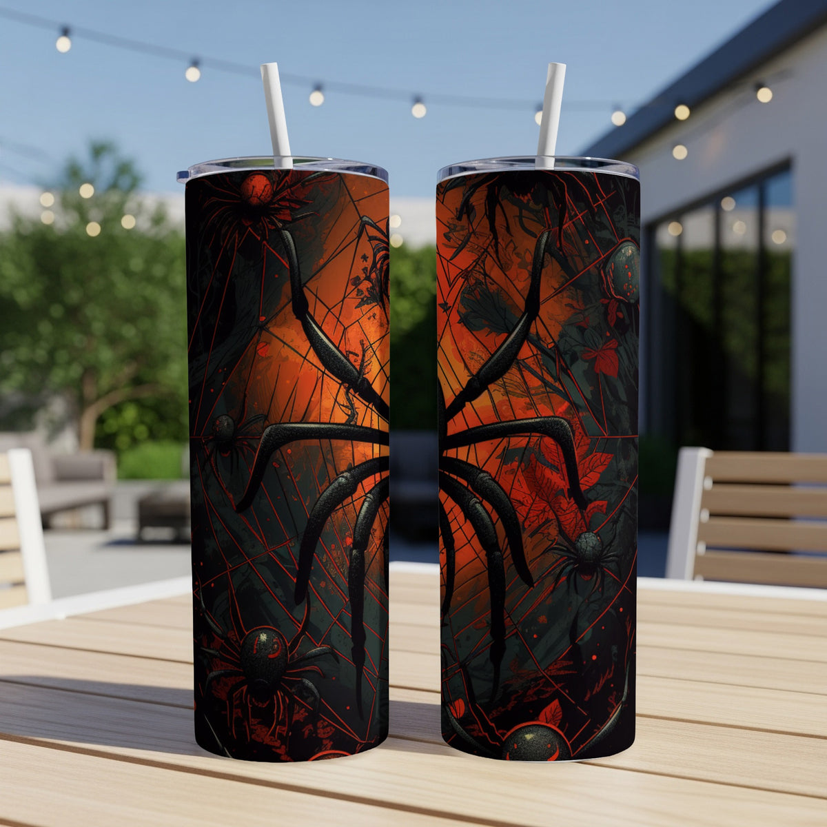 Two tumblers featuring a black widow spider on a dark, web-filled background.