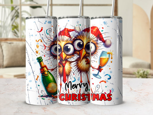 Three festive owls in Santa hats holding a champagne bottle and glass, "Merry Christmas" text.