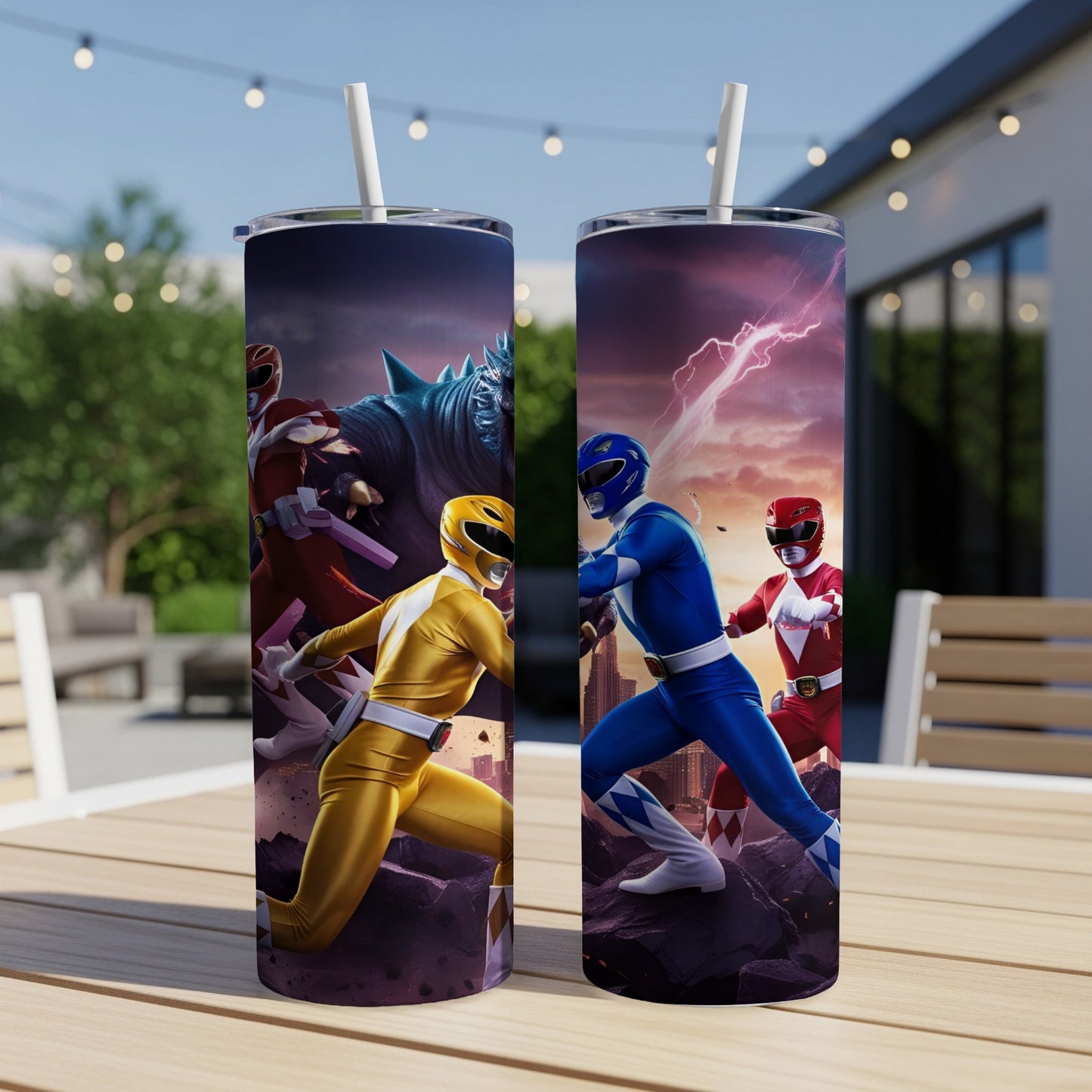Power Rangers characters in action pose on a tumbler with a rocky, stormy background.