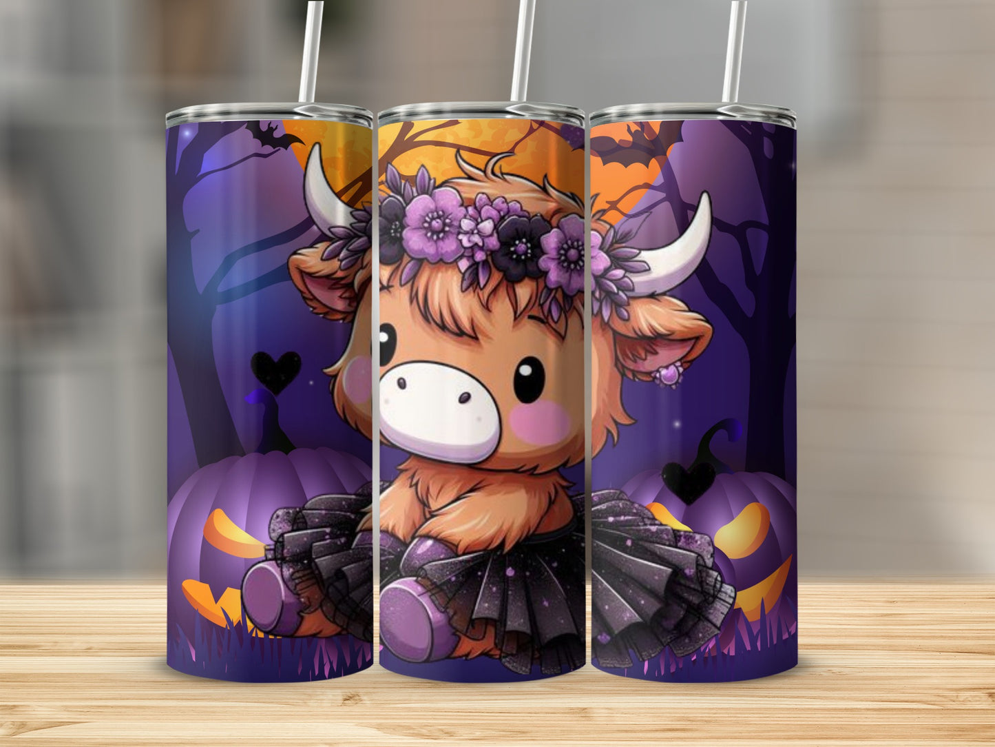 Cute Cow in Halloween Theme Tumbler with Straw
