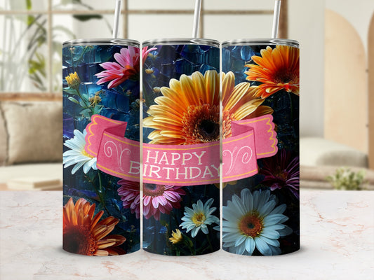 Happy Birthday tumbler with bright floral design and pink ribbon.