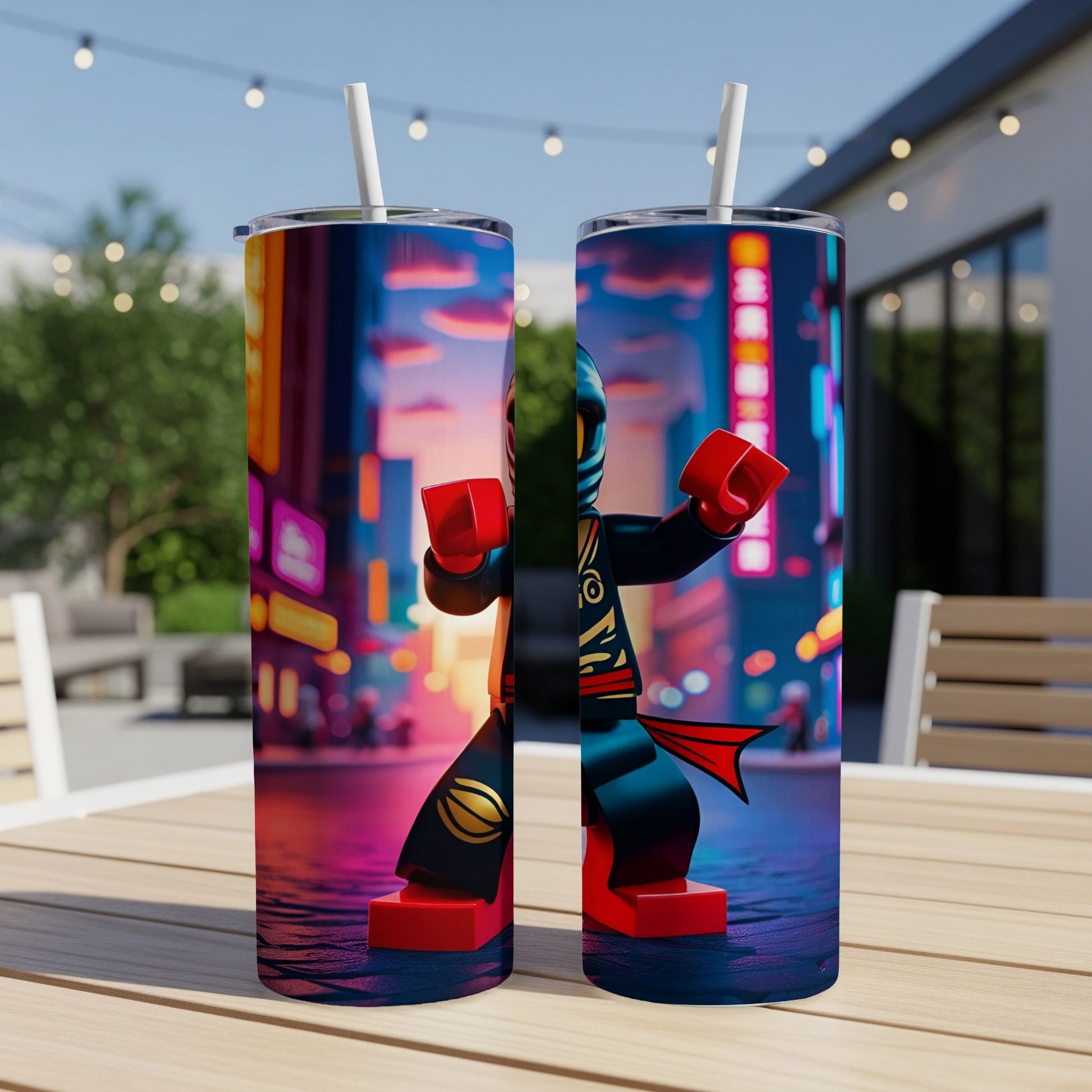 Two LEGO Ninjago tumblers with a city street background.