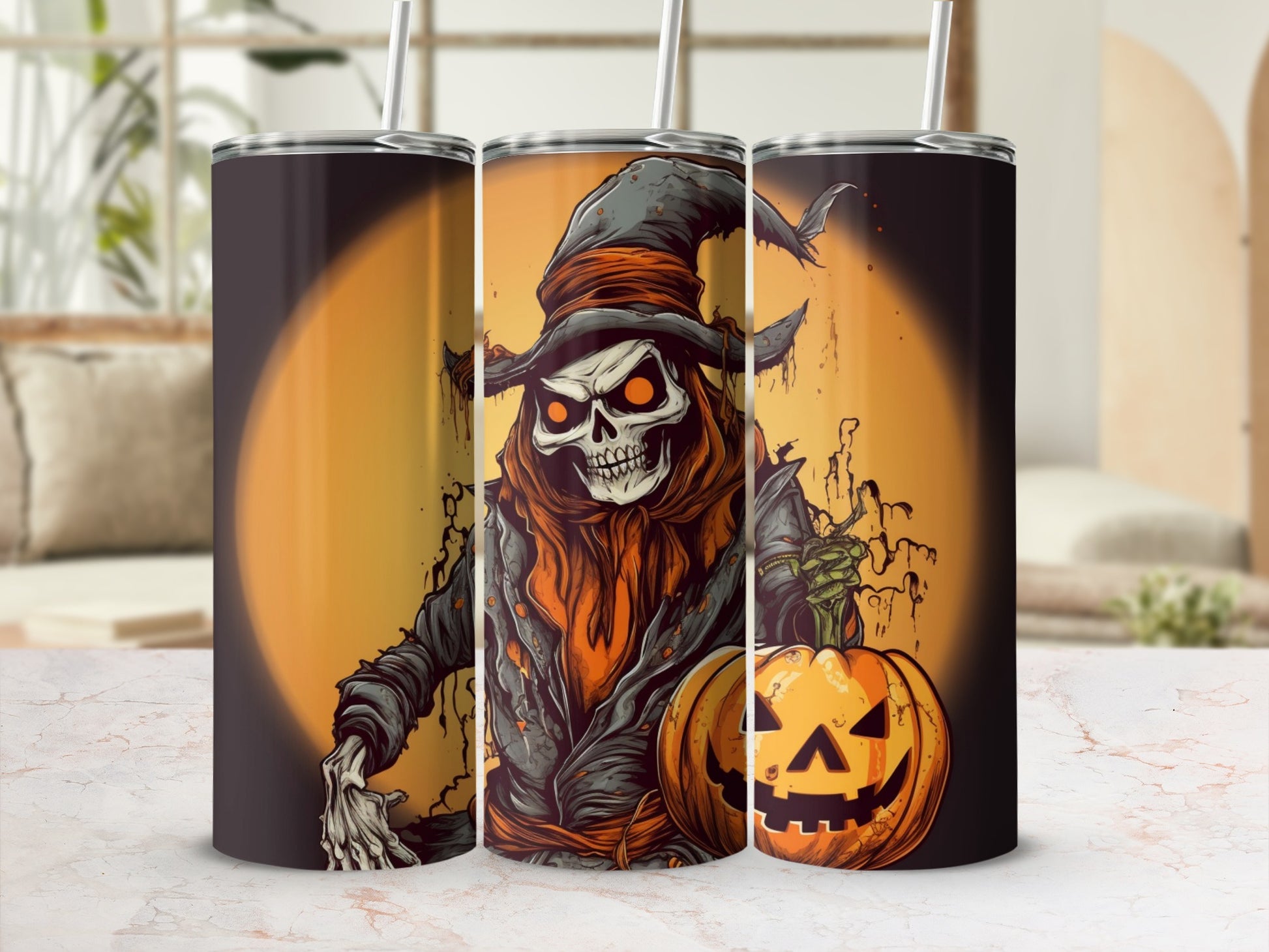 Three tumblers feature a spooky skeleton in a witch hat holding a jack-o'-lantern.
