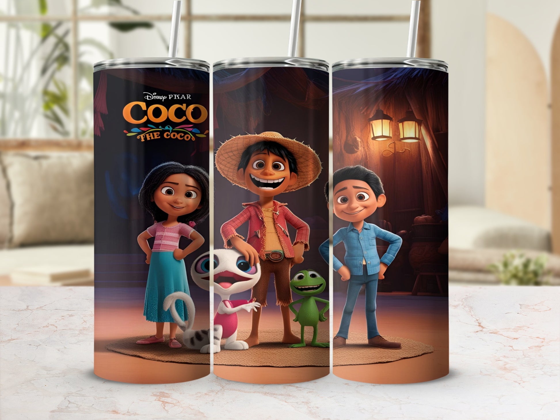 Coco movie characters Miguel, Hector, and Dante on a tumbler.