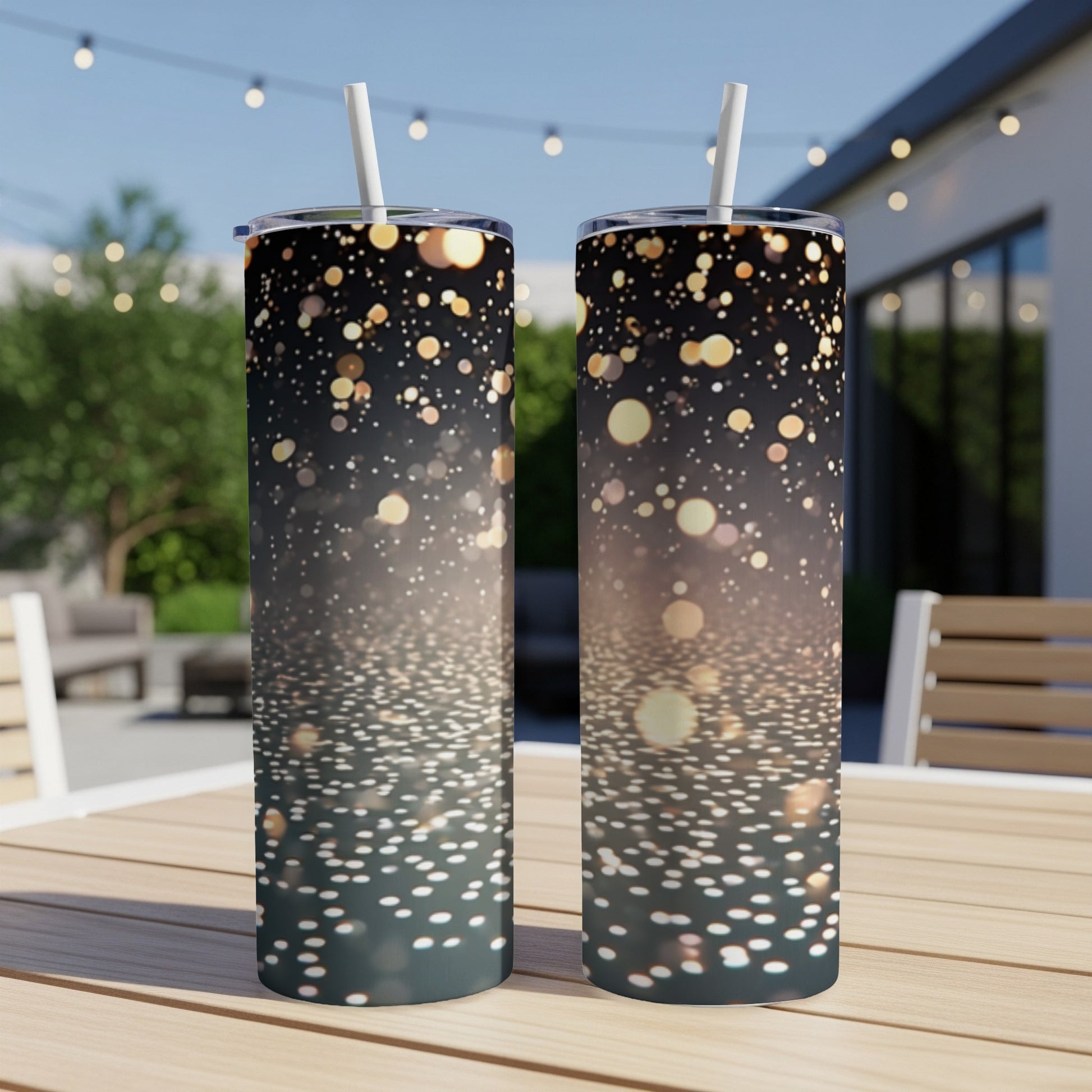 Two tumblers with a bokeh and glitter design on a table.