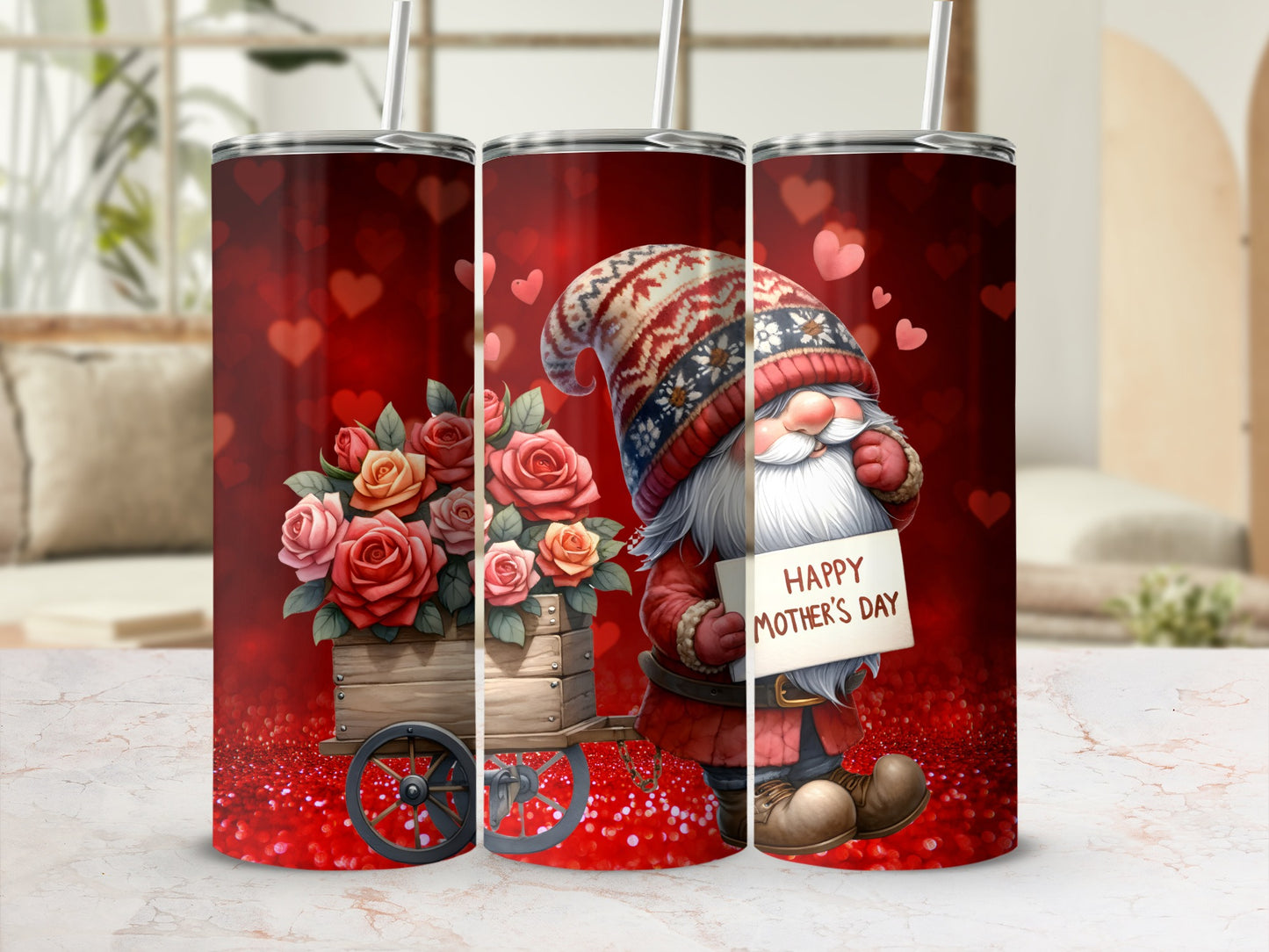Happy Mother's Day Gnome and Roses Design Tumbler
