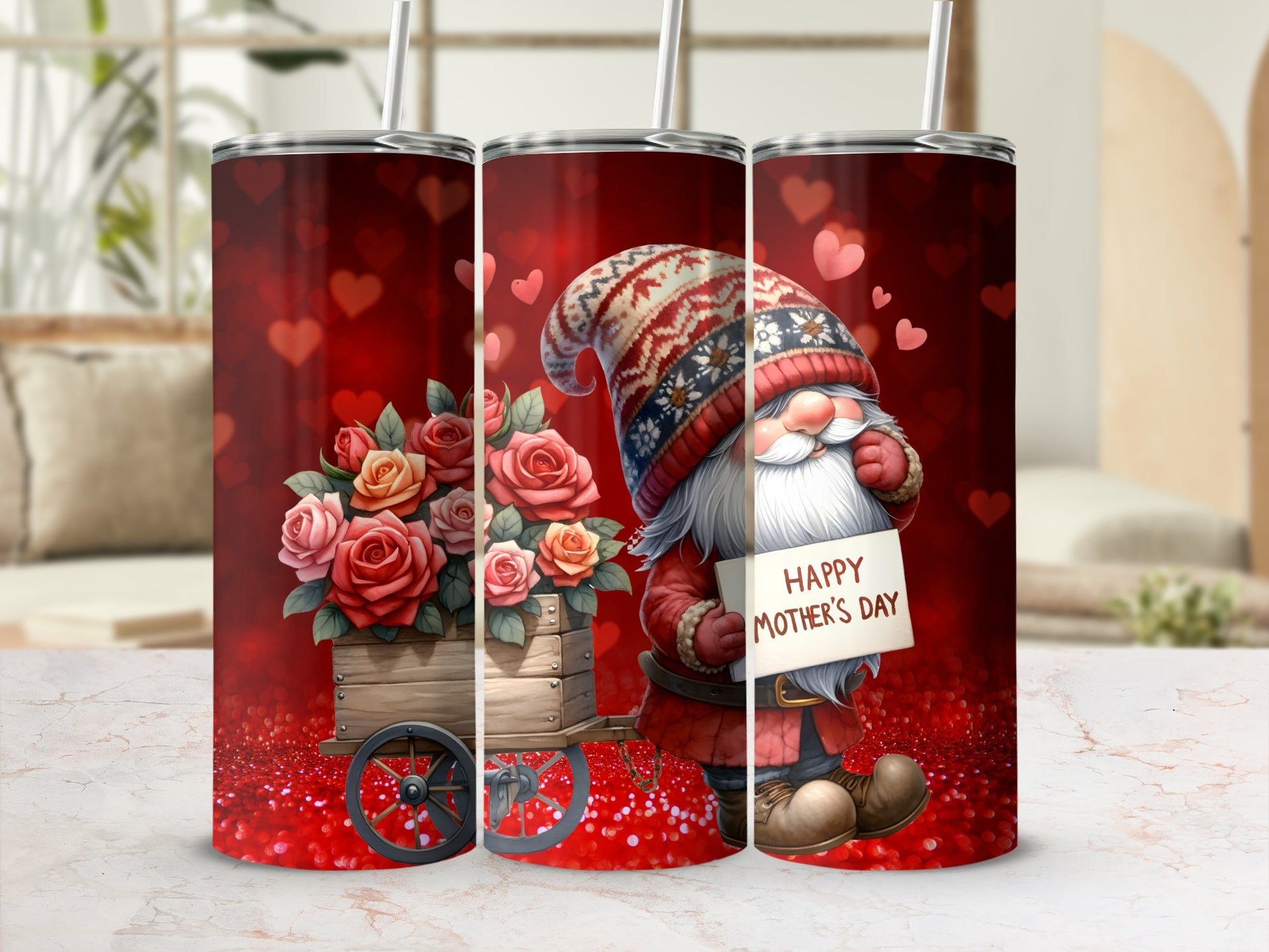 Happy Mother's Day Gnome and Roses Design Tumbler