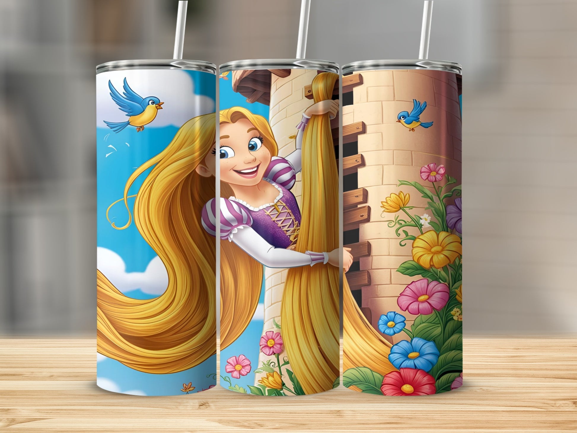 Rapunzel with long blonde hair leaning out of a tower, surrounded by flowers.