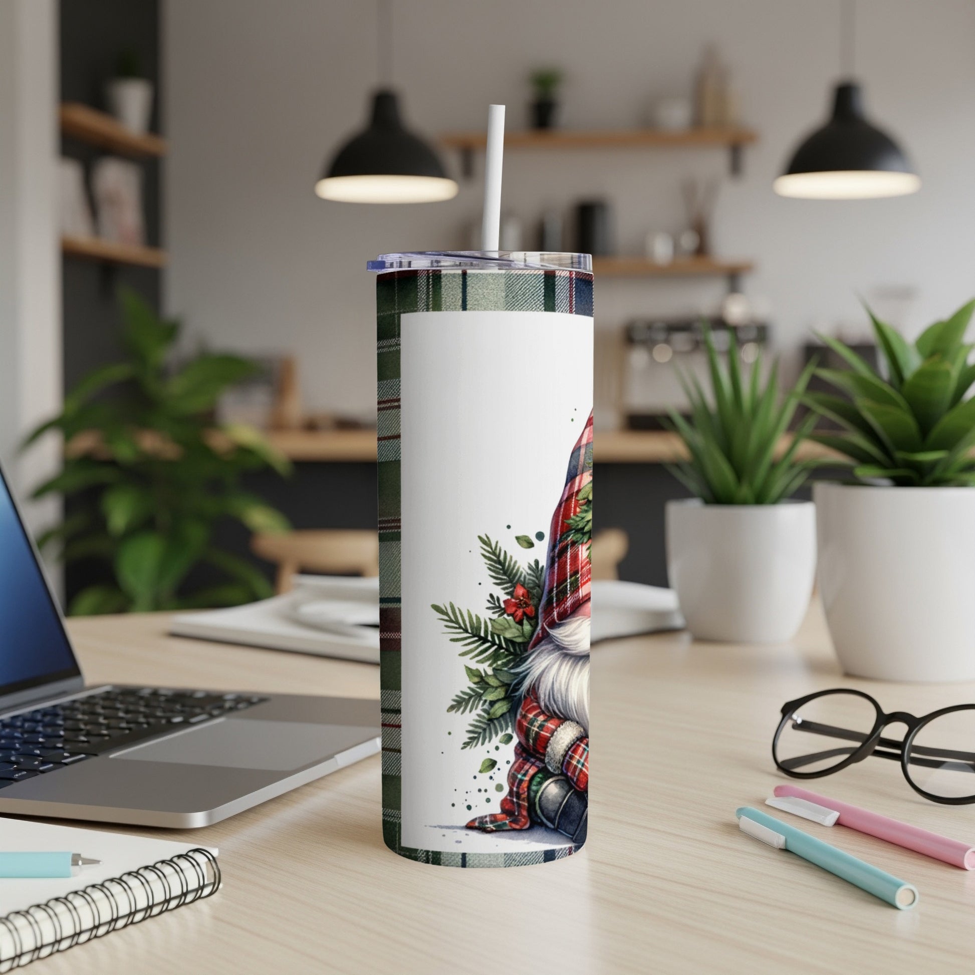Gnome design on a white skinny tumbler with plaid accents.