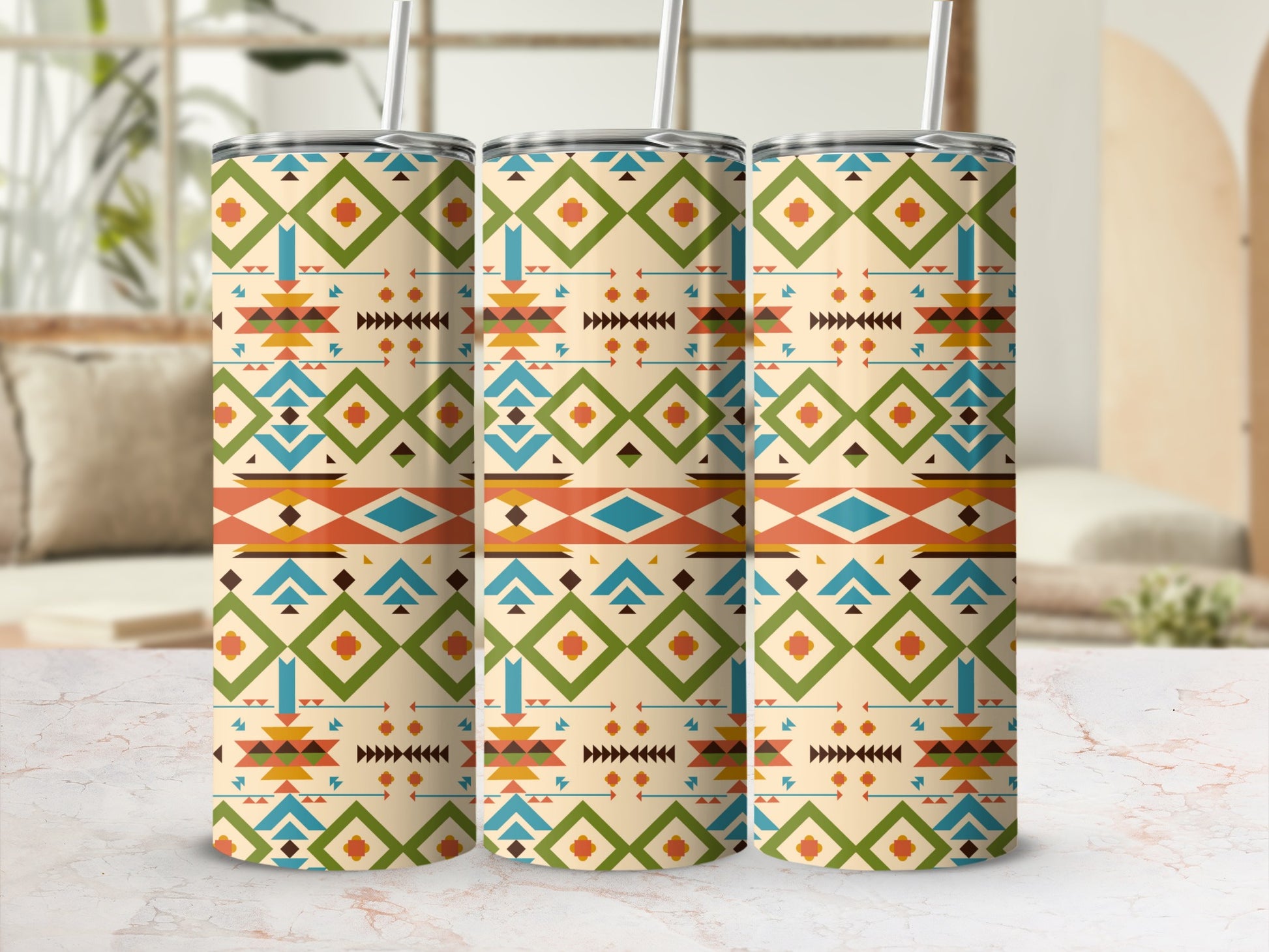 Colorful Geometric Pattern Travel Mug with Straw