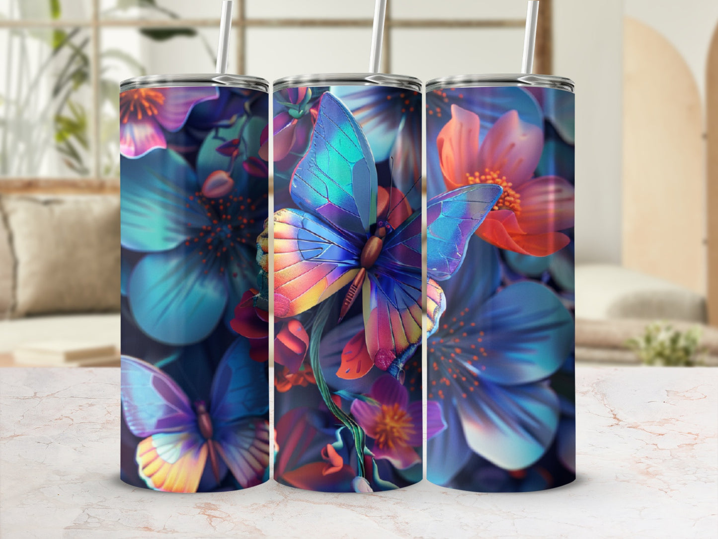 Tumbler with colorful butterfly and floral pattern on a marble surface.