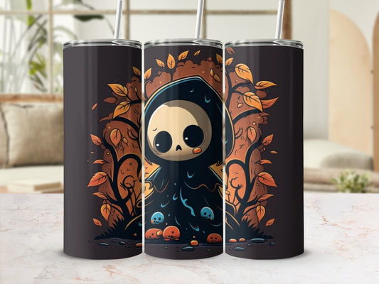 Three tumblers with cute grim reapers and Halloween-themed illustrations.