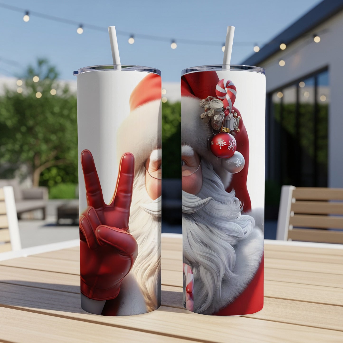 Santa Claus illustration on two tumblers with Christmas decorations.