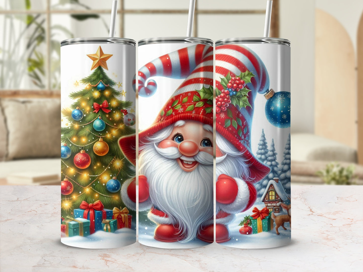 Christmas gnome with striped hat and tree, surrounded by gifts.
