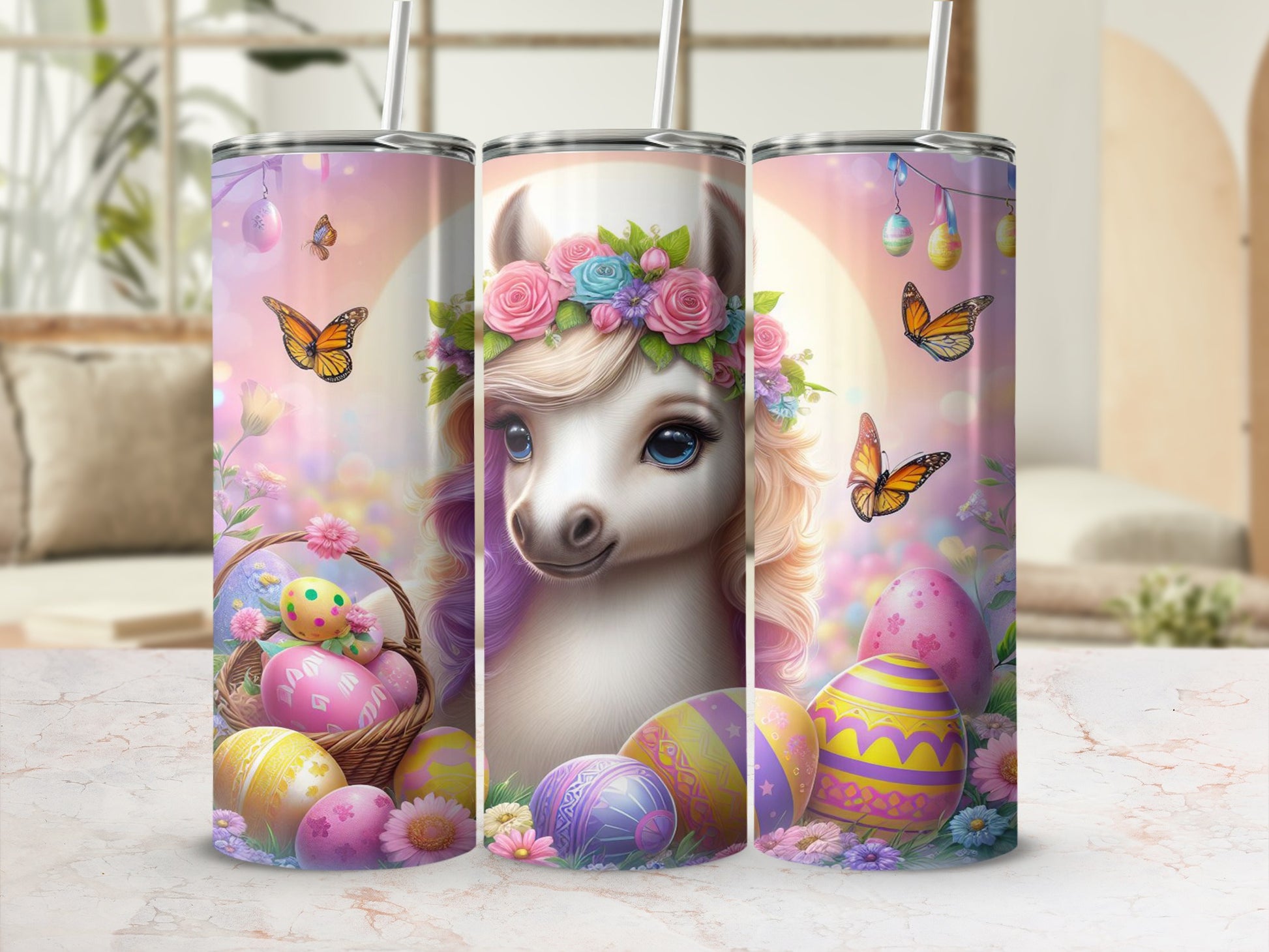 Easter llama with colorful eggs and butterflies on a pink background.