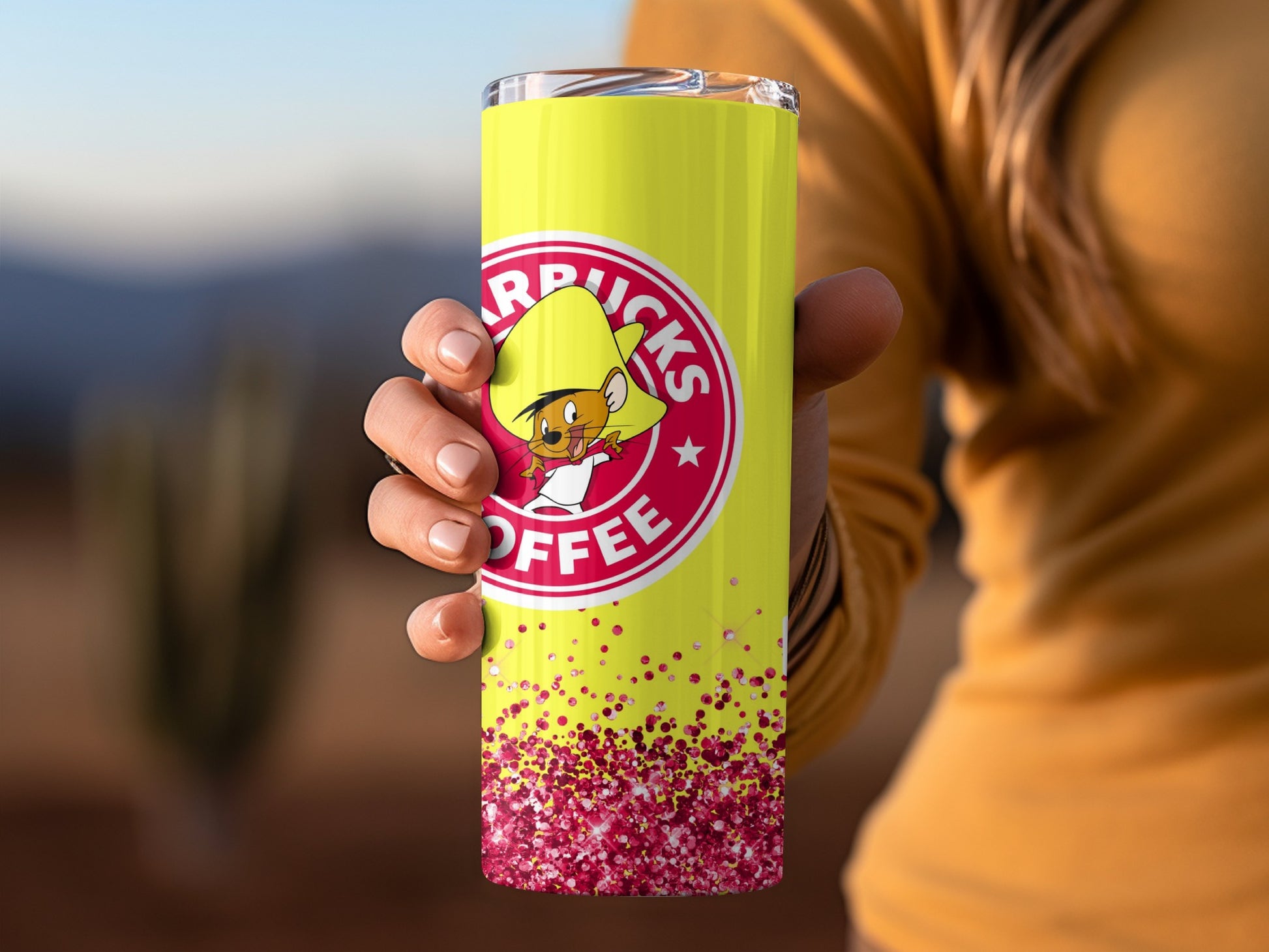 Fun Yellow Coffee Speed Mouse Glitter Tumbler Cup