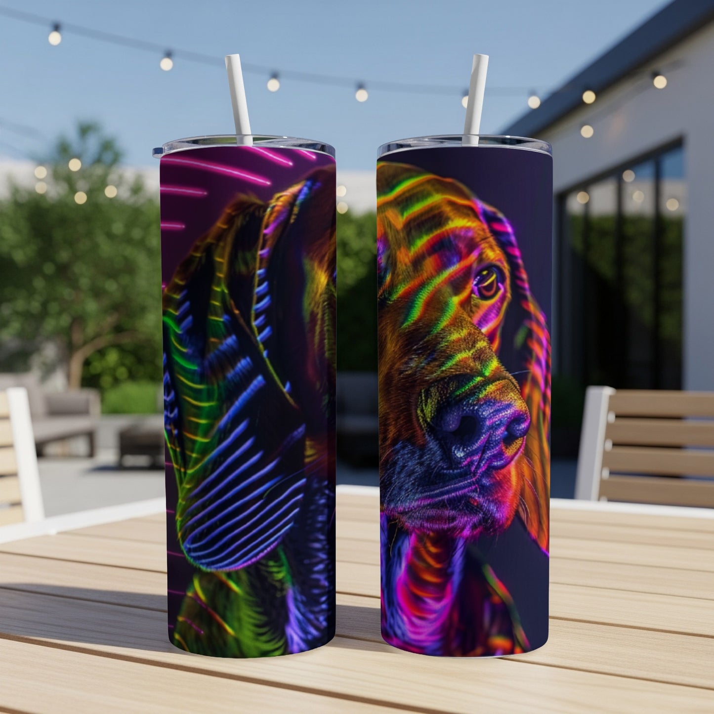 Tumbler with a colorful abstract dog portrait, set on a table outdoors.