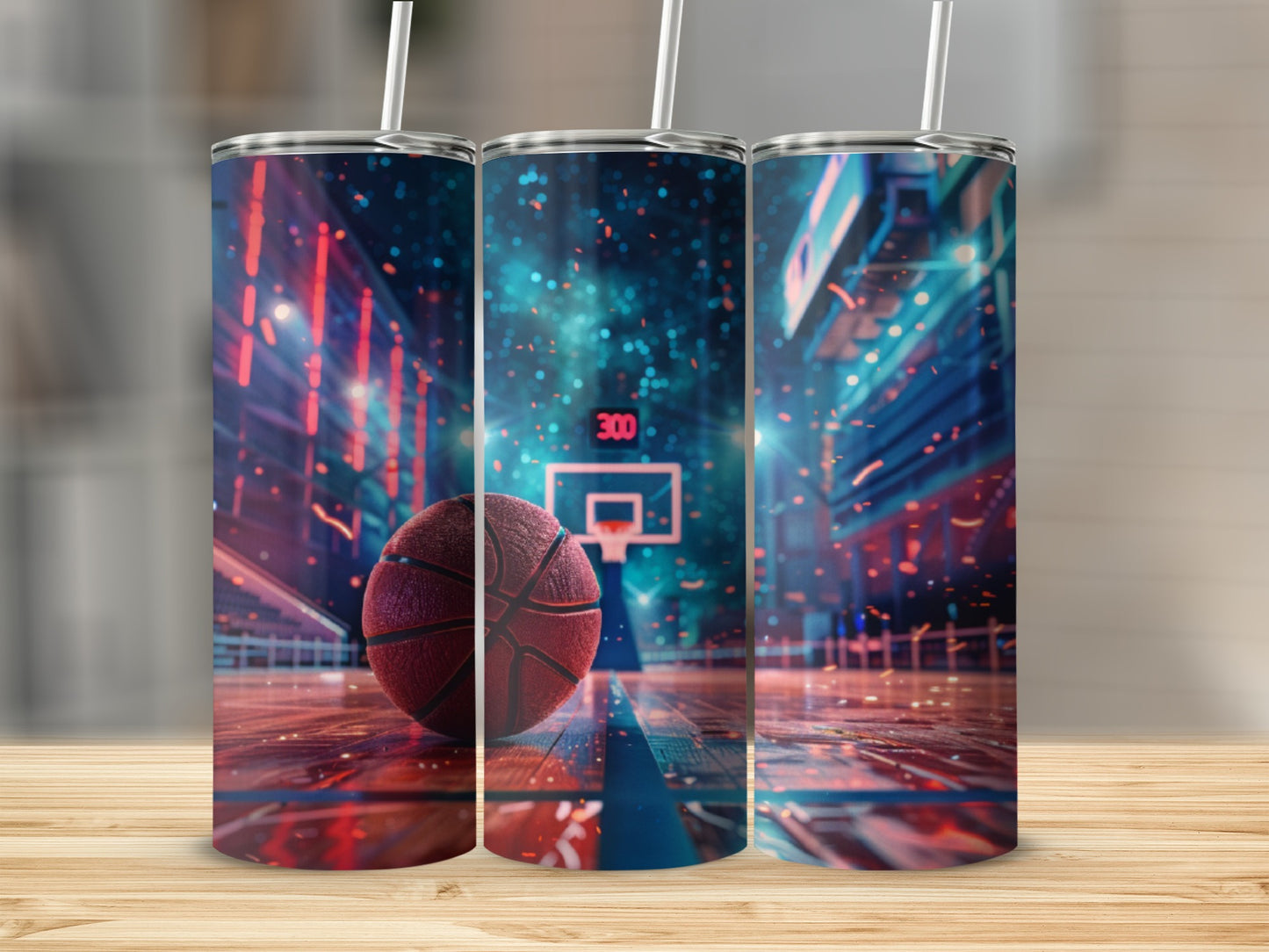 Basketball court with a basketball in the foreground, illuminated by neon lights.
