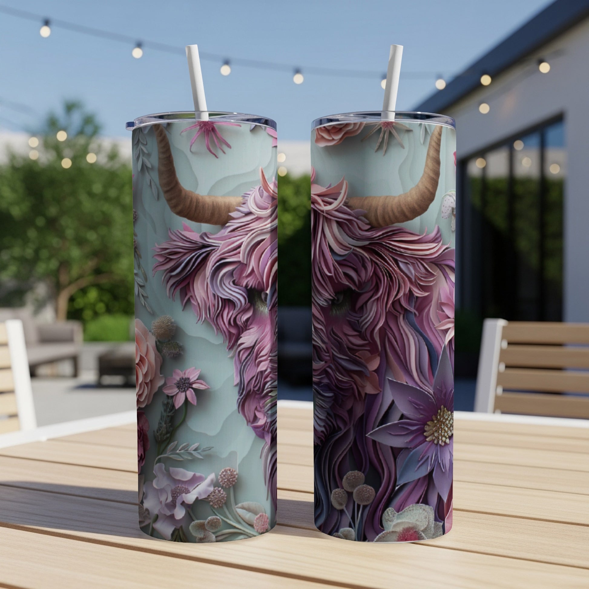 Two skinny tumblers featuring a pink longhorn and floral design.