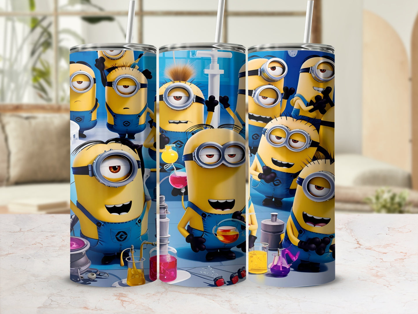Three Minions characters in a science lab, holding beakers and test tubes.