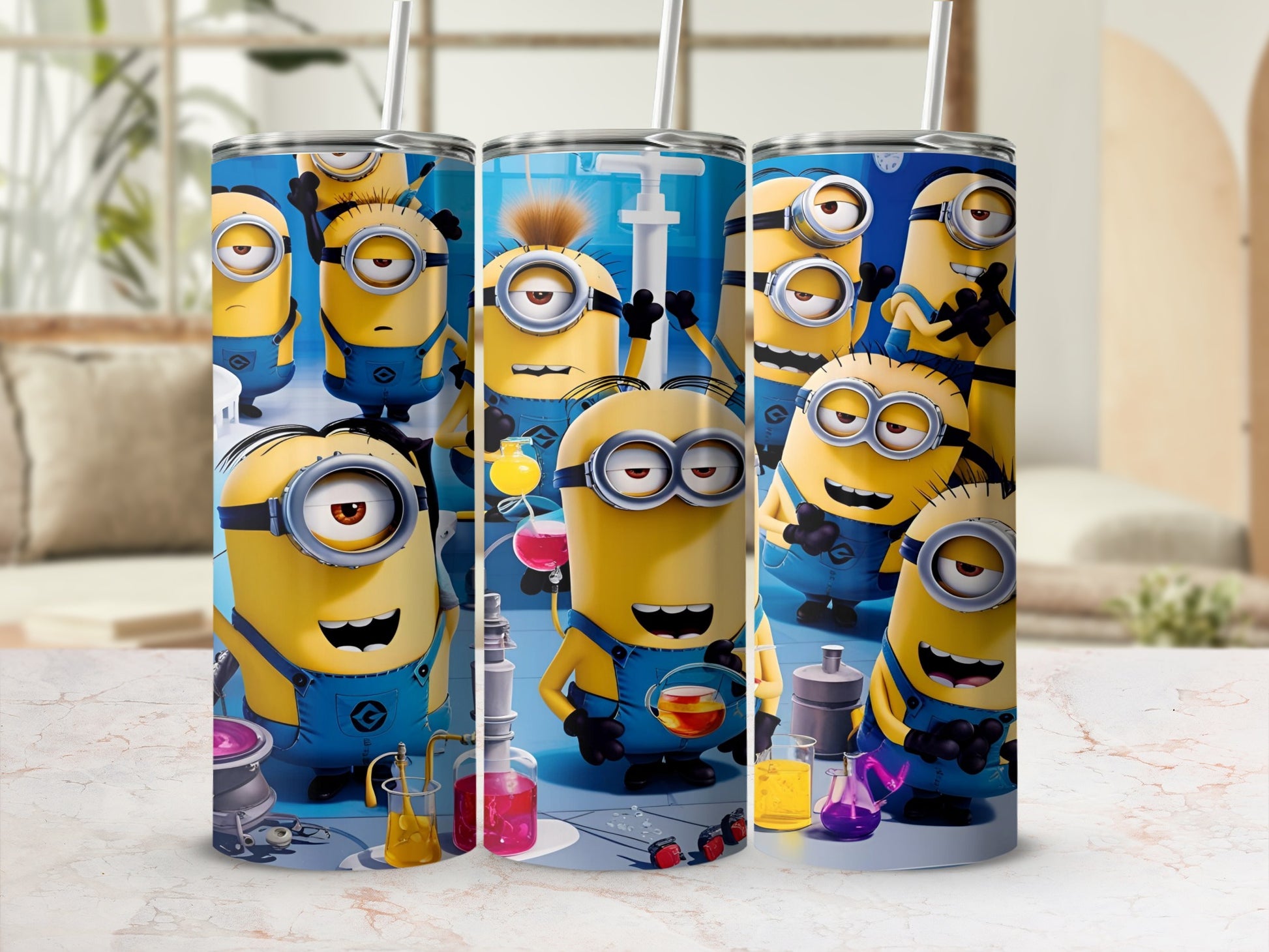 Three Minions characters in a science lab, holding beakers and test tubes.