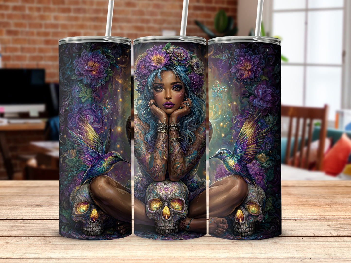 Enchanting Floral Skull and Hummingbird Design Tumbler