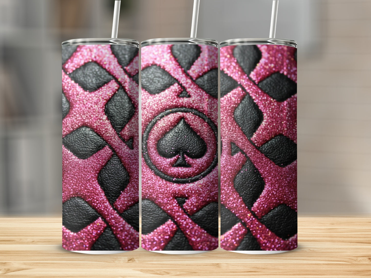 Pink Glitter Spade Pattern Black Spade Shape Tumblers