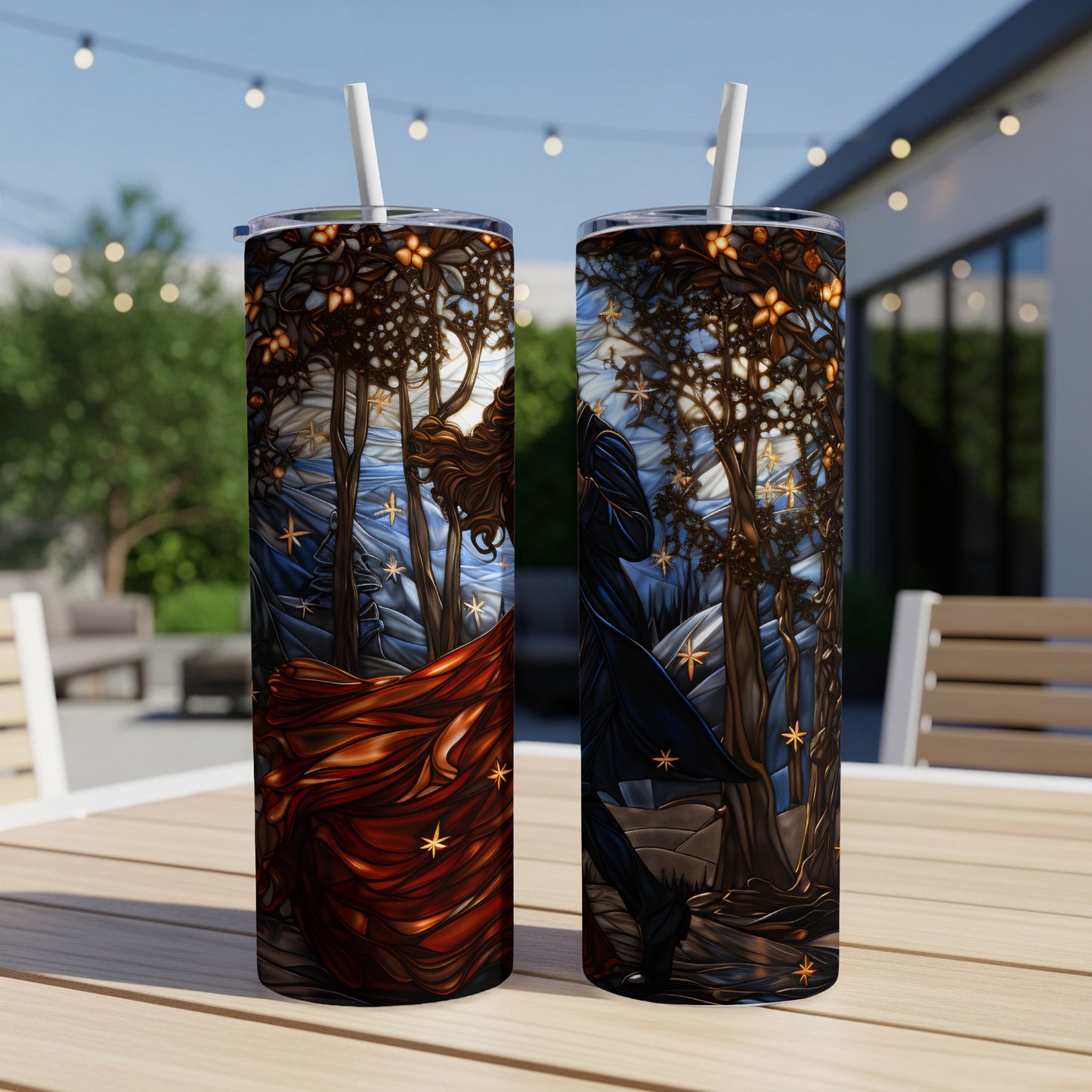 Two tumblers with fantasy art of a woman and man under a starry, stained-glass tree.