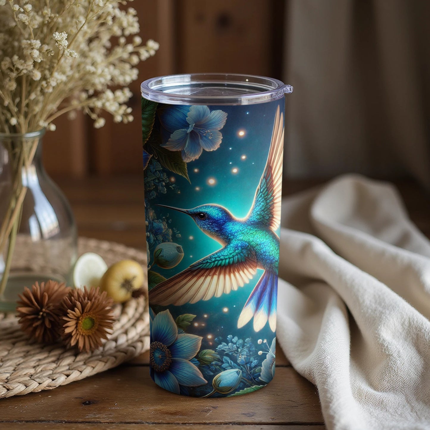 Vibrant Hummingbird and Flowers Artwork Tumbler