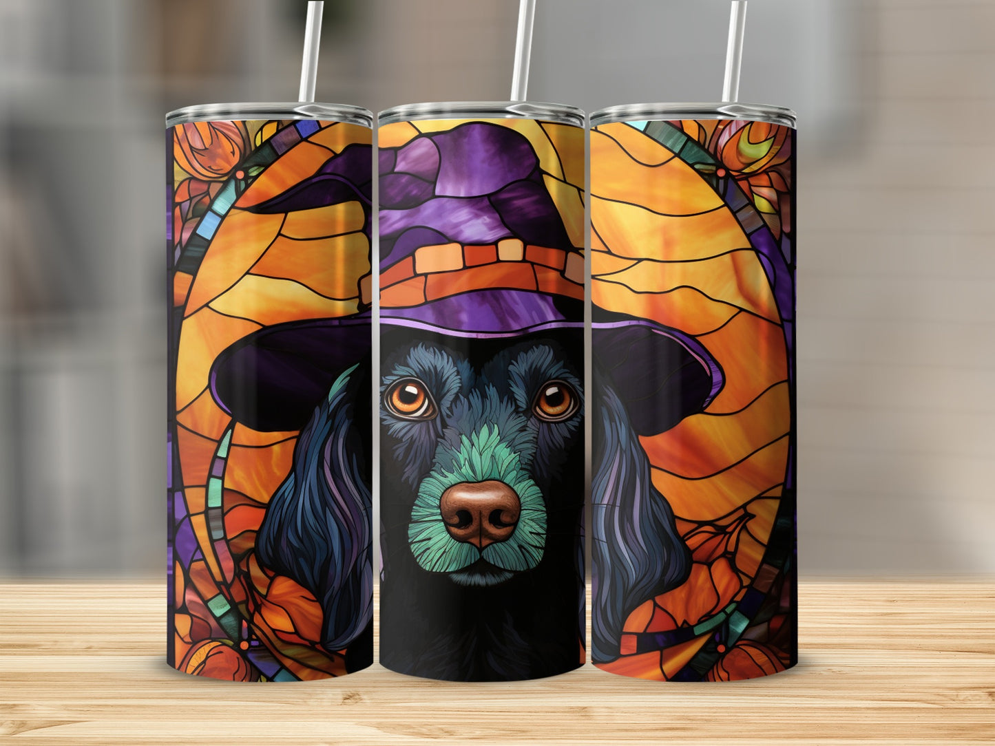 Black dog wearing a witch hat with a stained glass background.