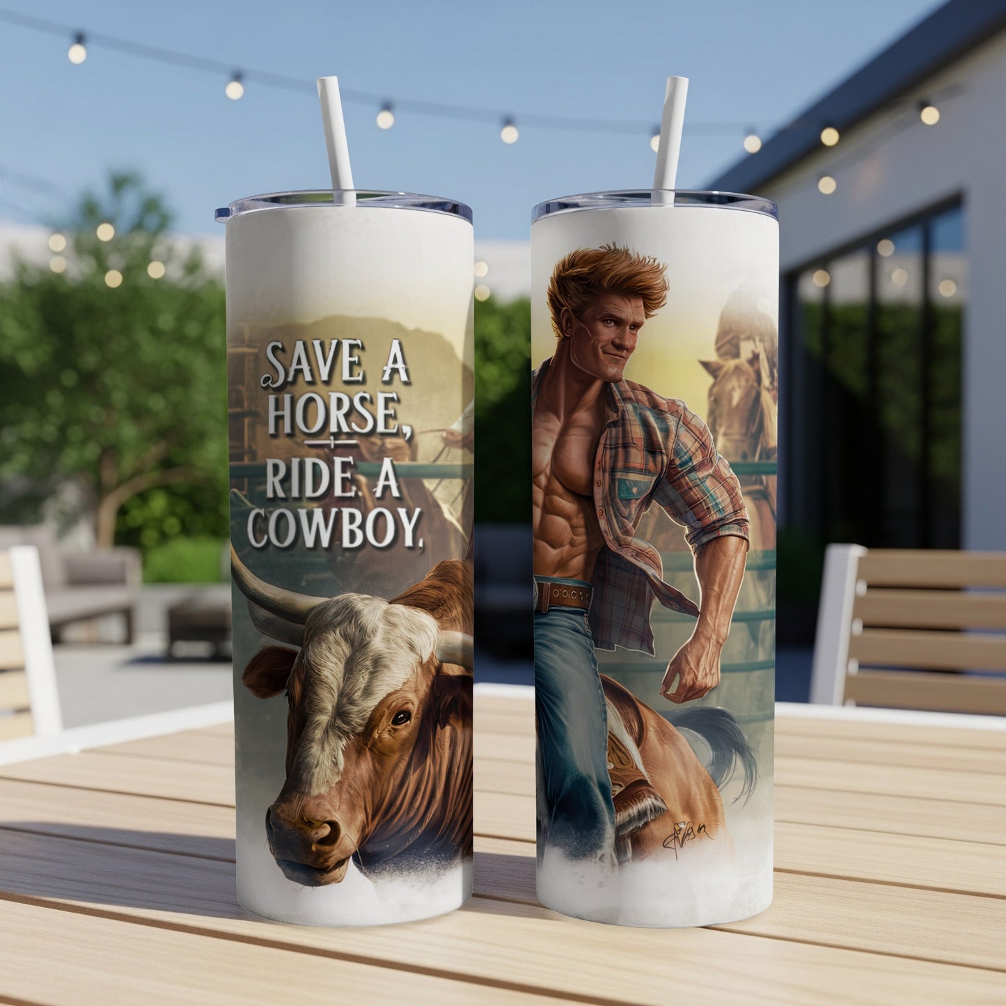 Cowboy illustration with bull and text "SAVE A HORSE, RIDE A COWBOY."
