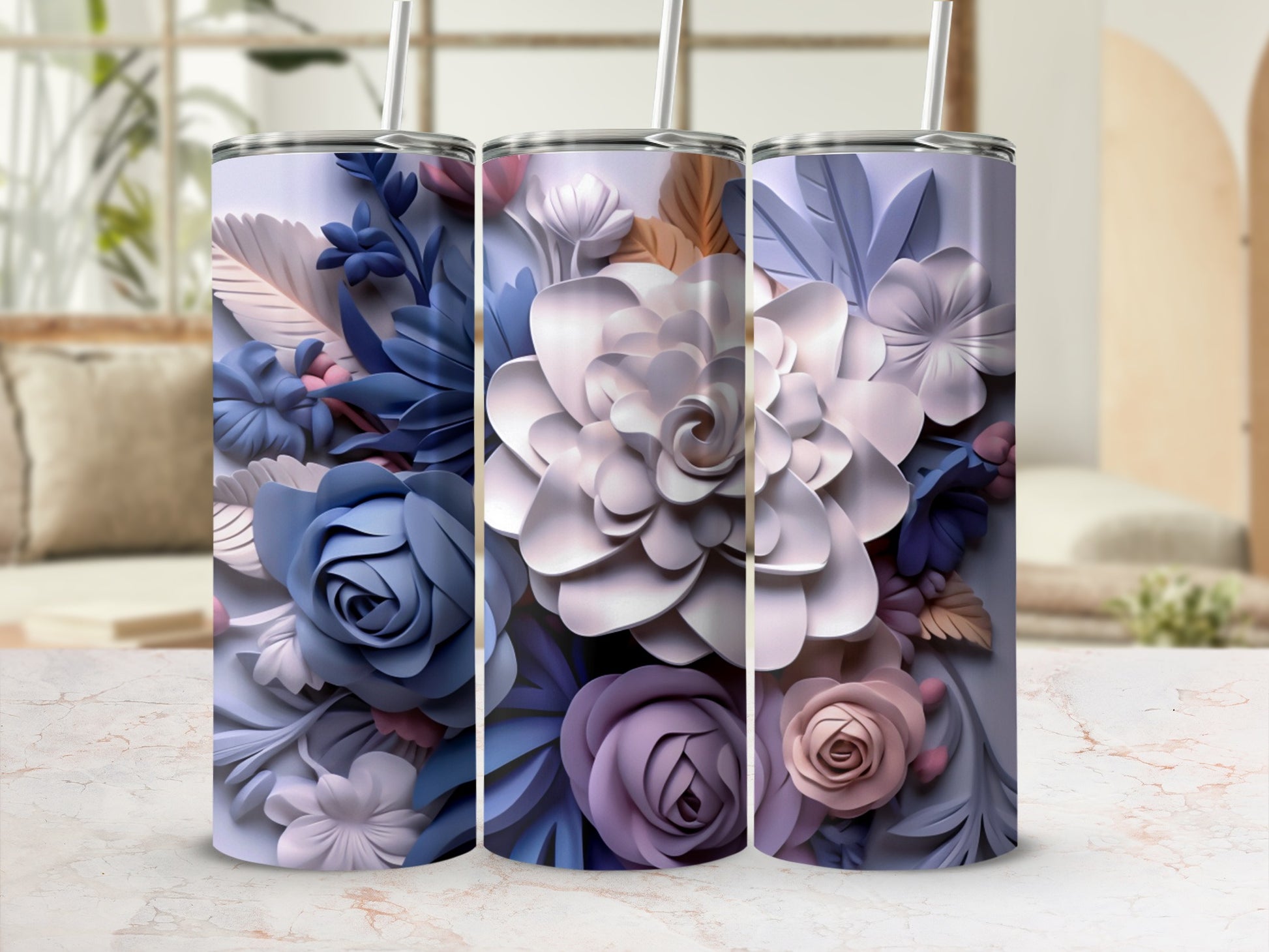 Floral tumbler with purple, blue, and white raised flowers.