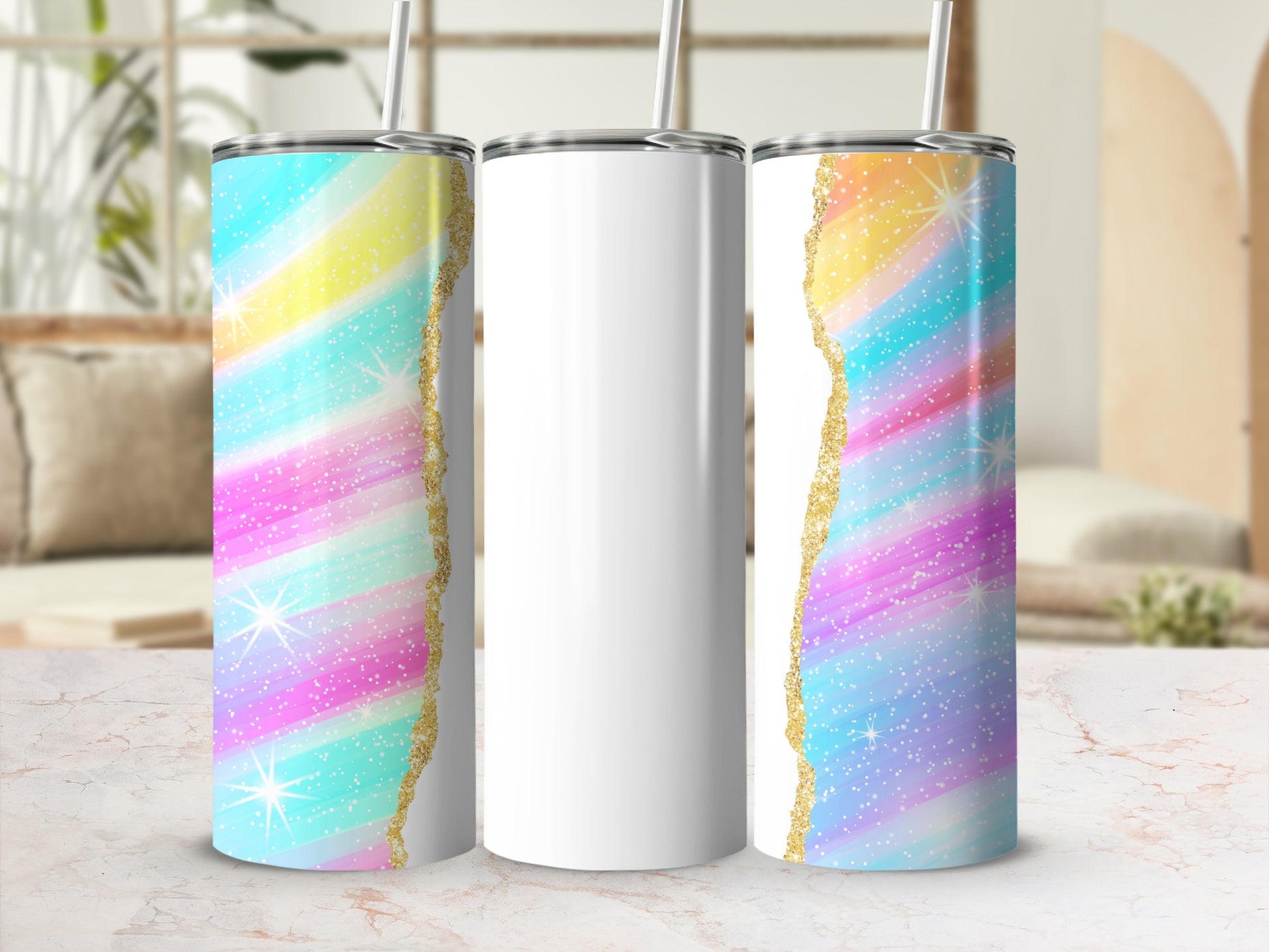 Three blank tumblers with colorful rainbow stripes and glitter accents.