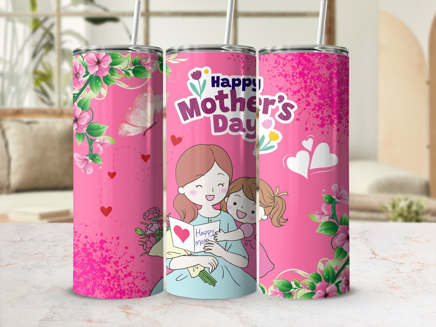 Happy Mother's Day Floral Pink Tumbler Cup