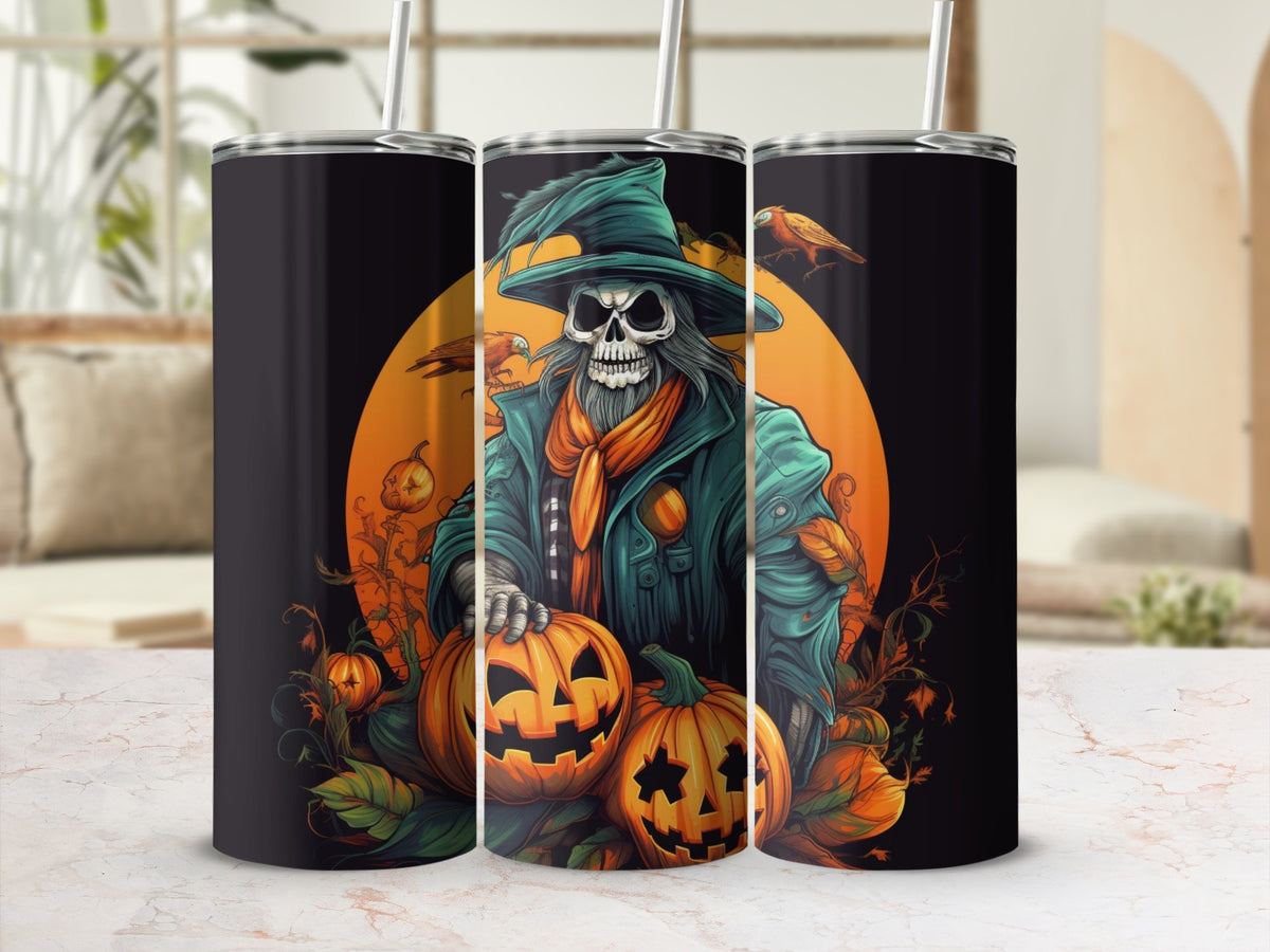 Skeleton in a witch hat with pumpkins and birds against an orange circle.