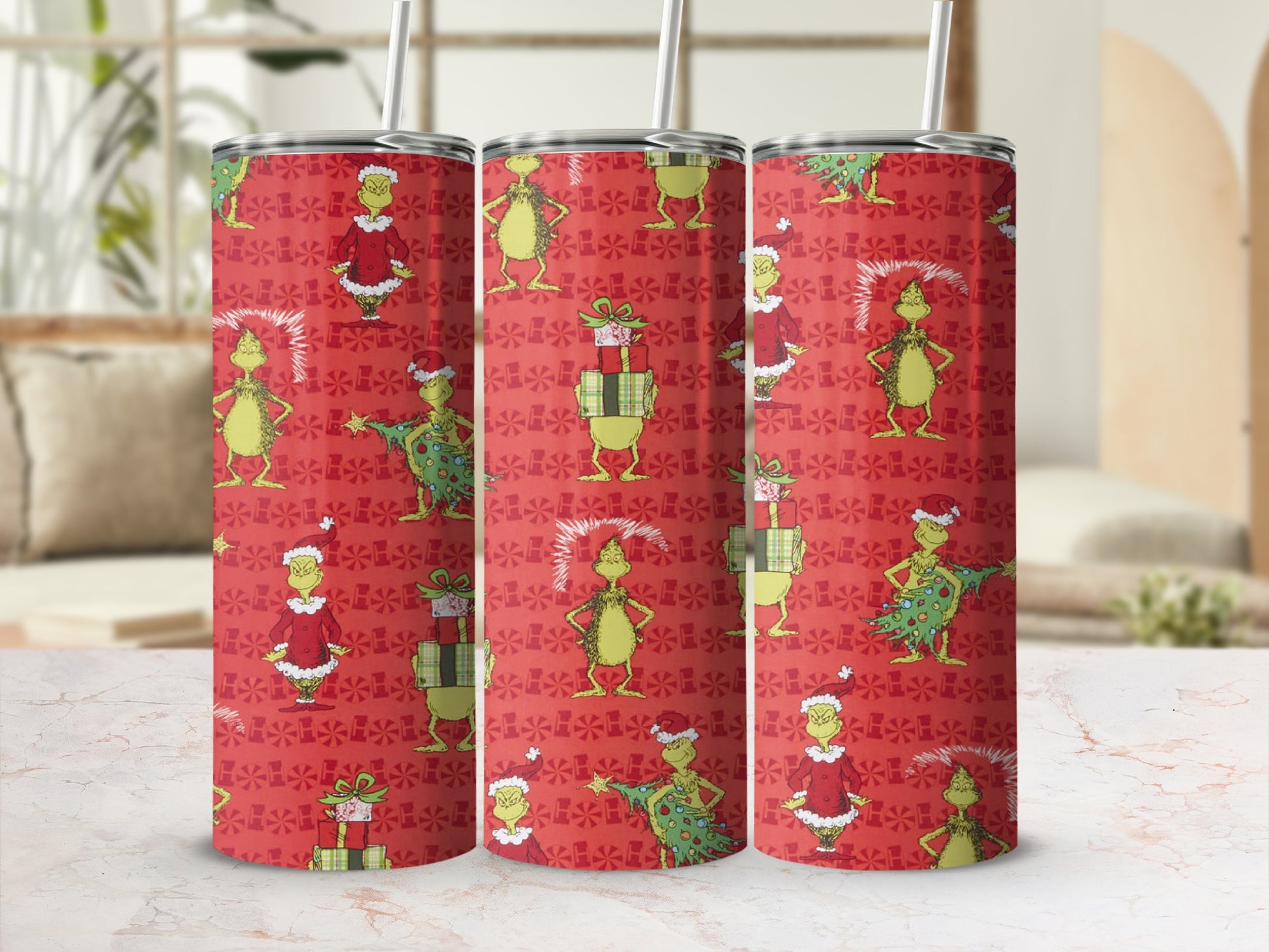 Grinch character in festive outfits on red background with presents and Christmas trees.
