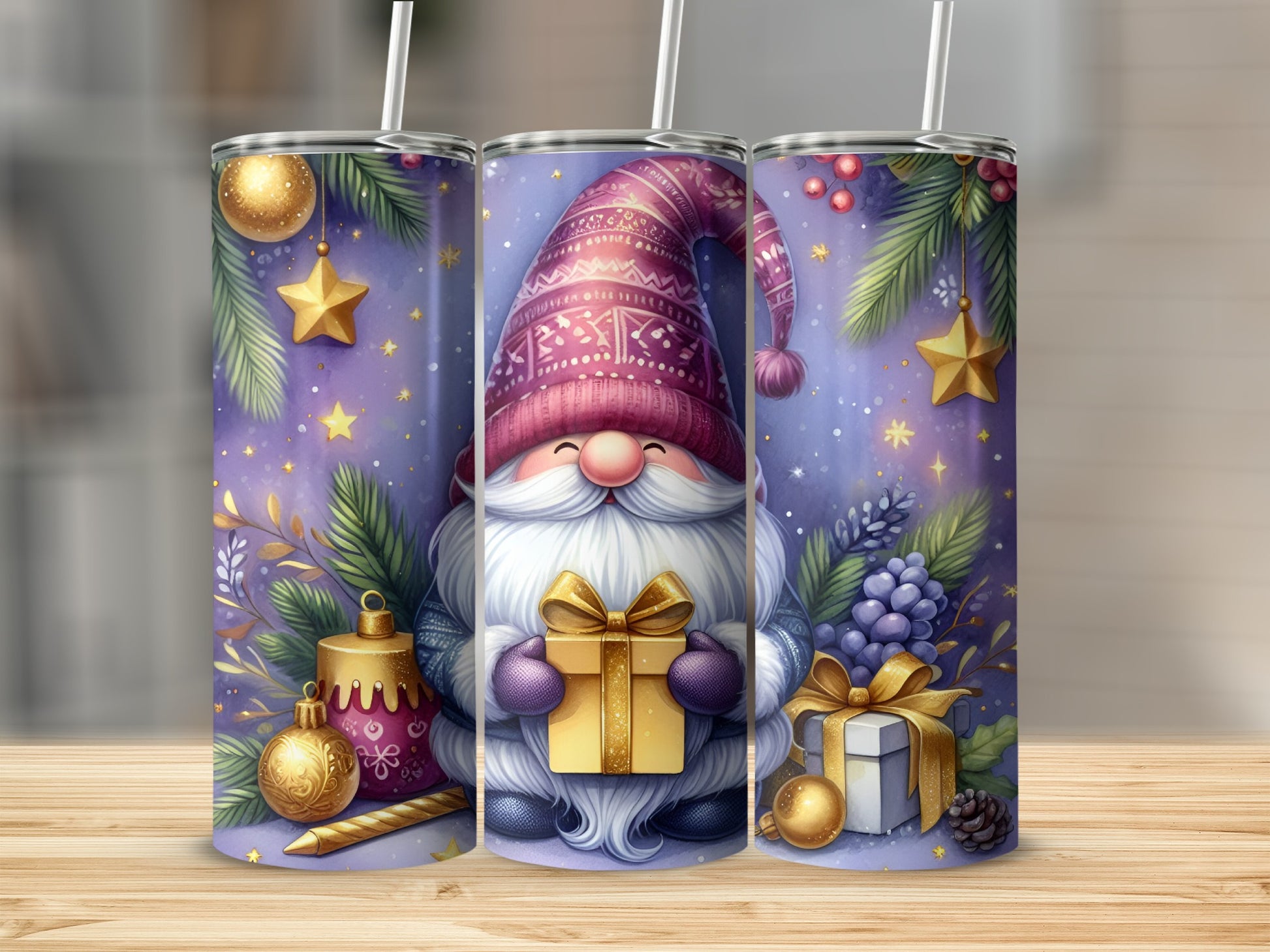 Christmas gnome holding a gift, surrounded by stars, ornaments, and pine branches.