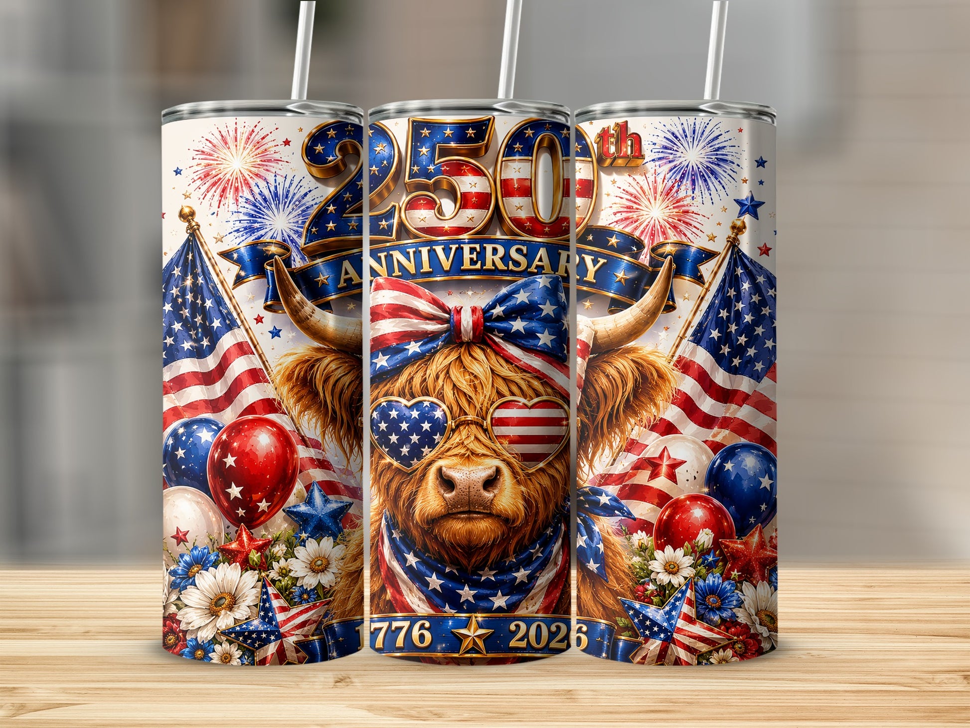 Bison wearing American flag bandana and heart sunglasses, 250th anniversary theme.