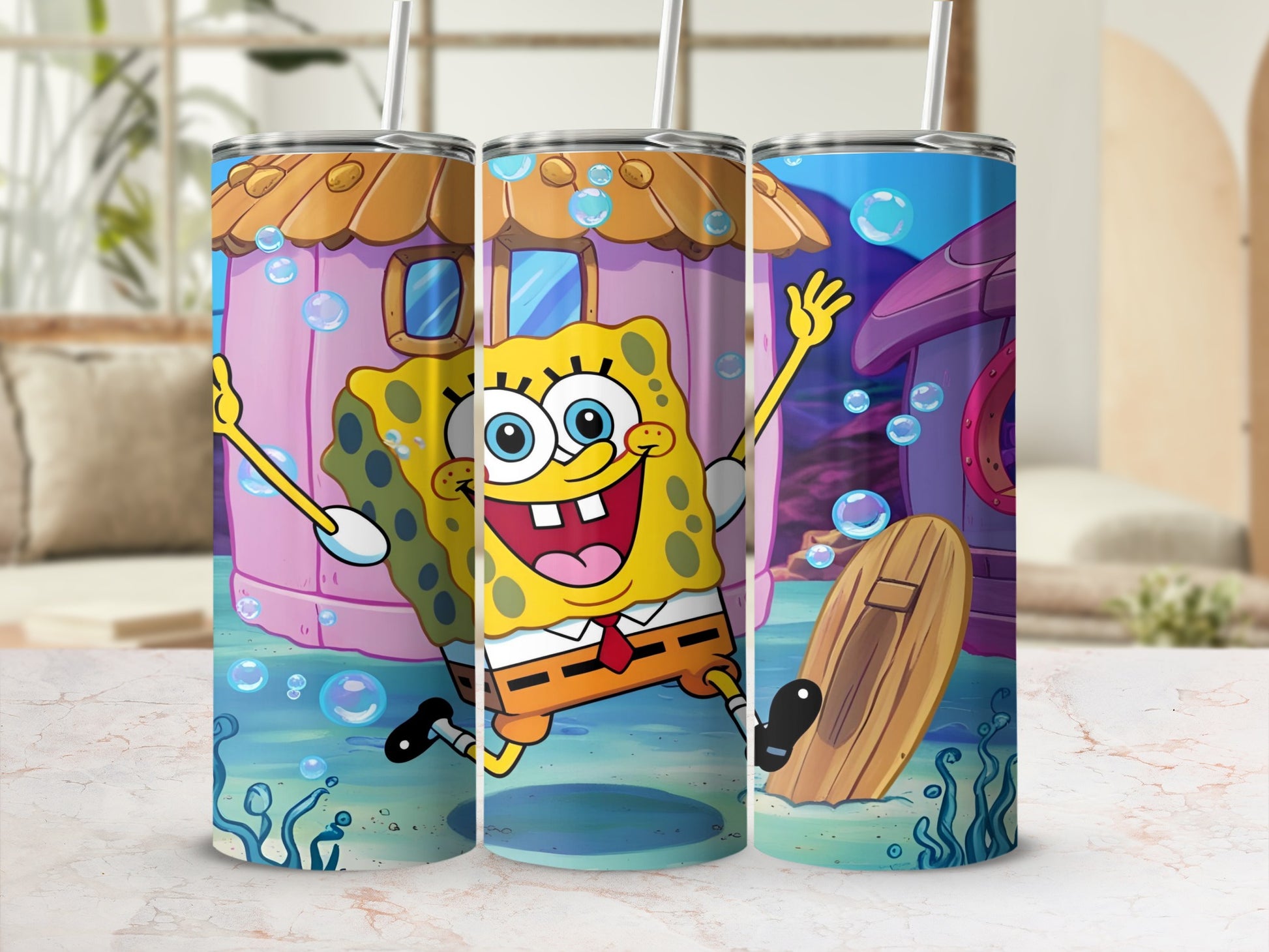 SpongeBob SquarePants running with a surfboard, set against a pink pineapple house.