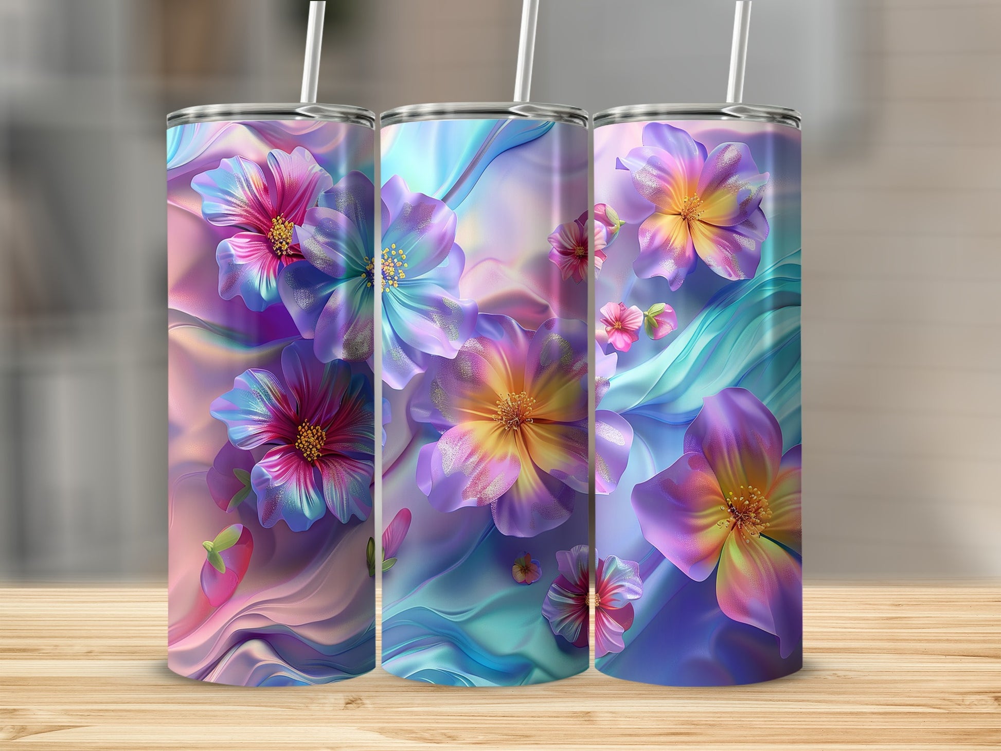 Vibrant Flower Design Tumblers with Lids and Straws Product