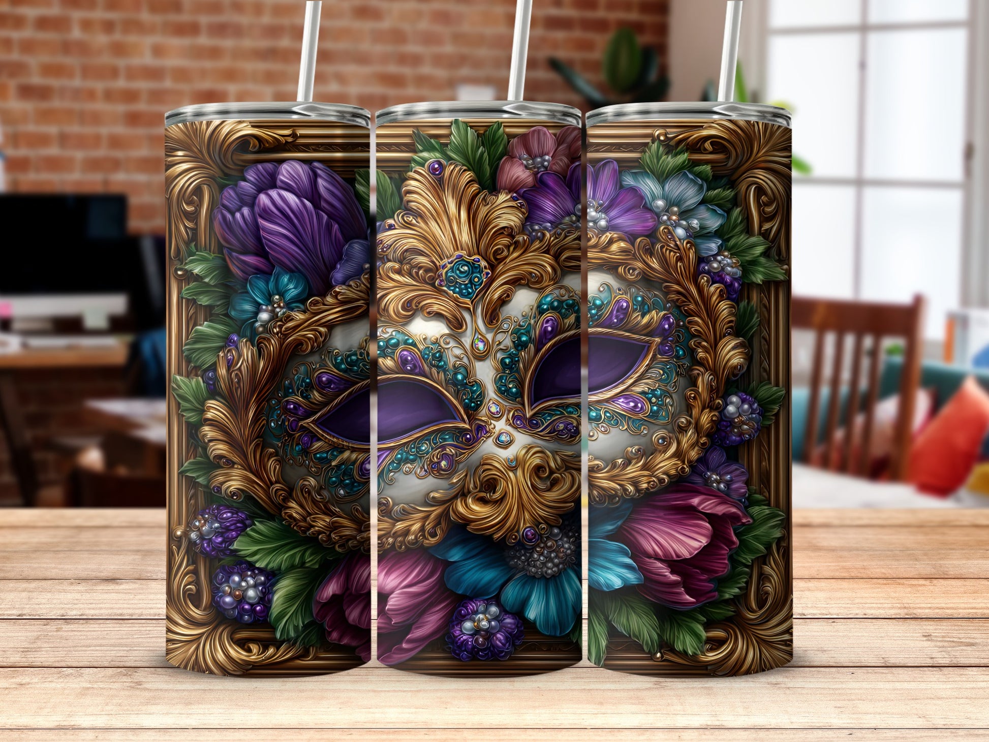 Vibrant Masquerade Tumbler with Floral Accents design