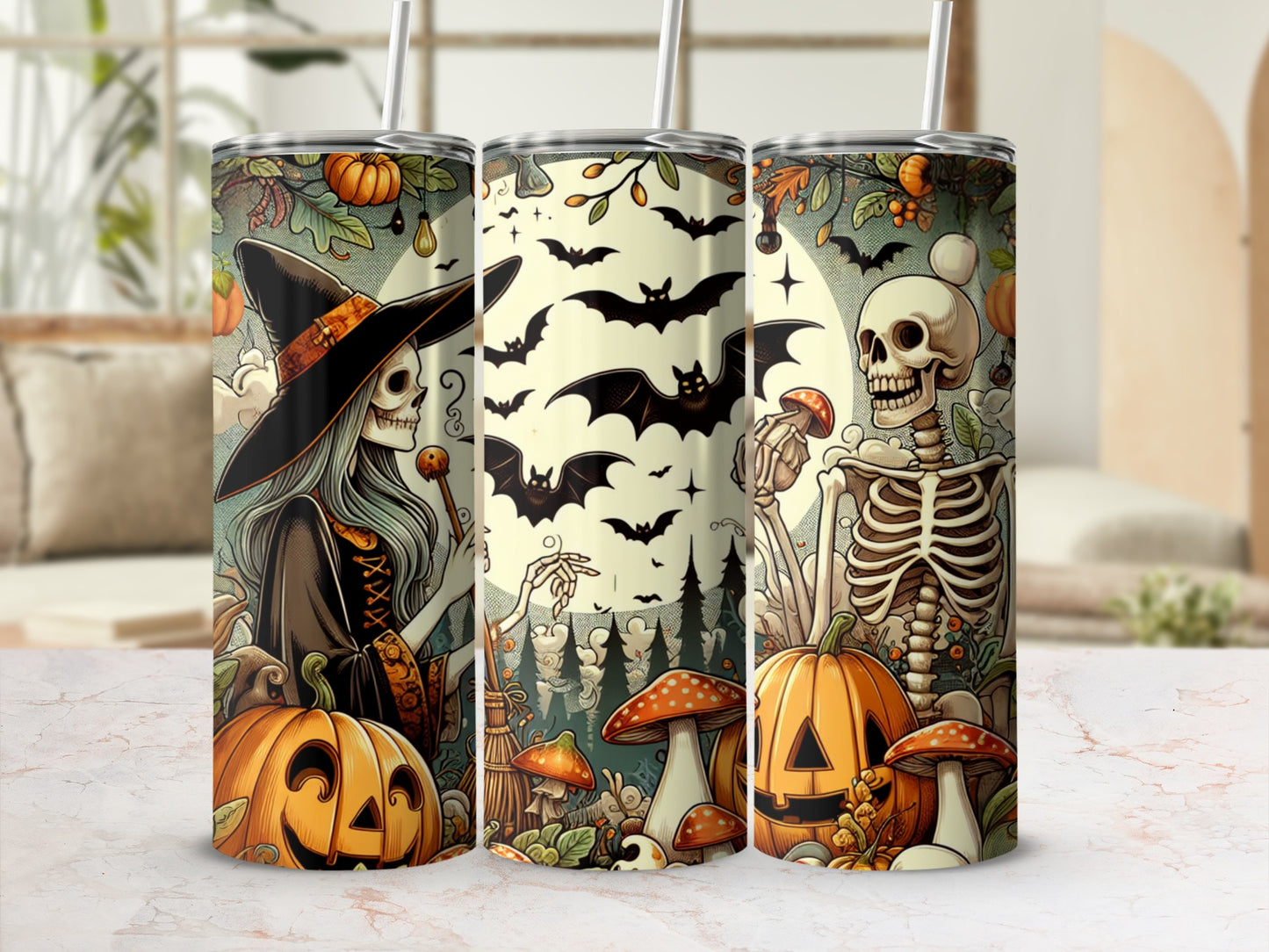 Three Halloween-themed tumblers featuring a witch skeleton, bats, and pumpkins.