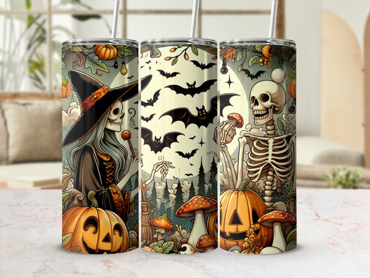 Three Halloween-themed tumblers featuring a witch skeleton, bats, and pumpkins.