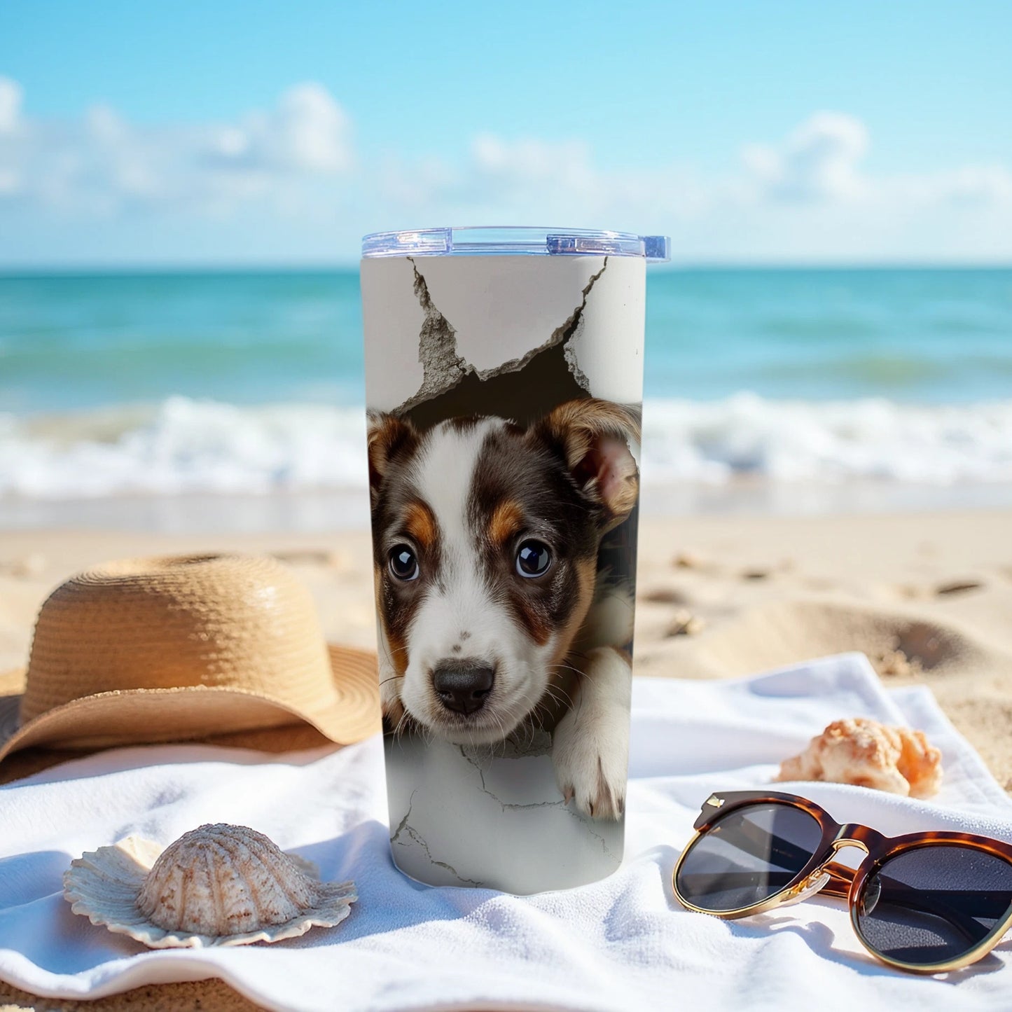 Adorable Puppy Peeking Tumbler Cracked Design Beach Ocean product type
