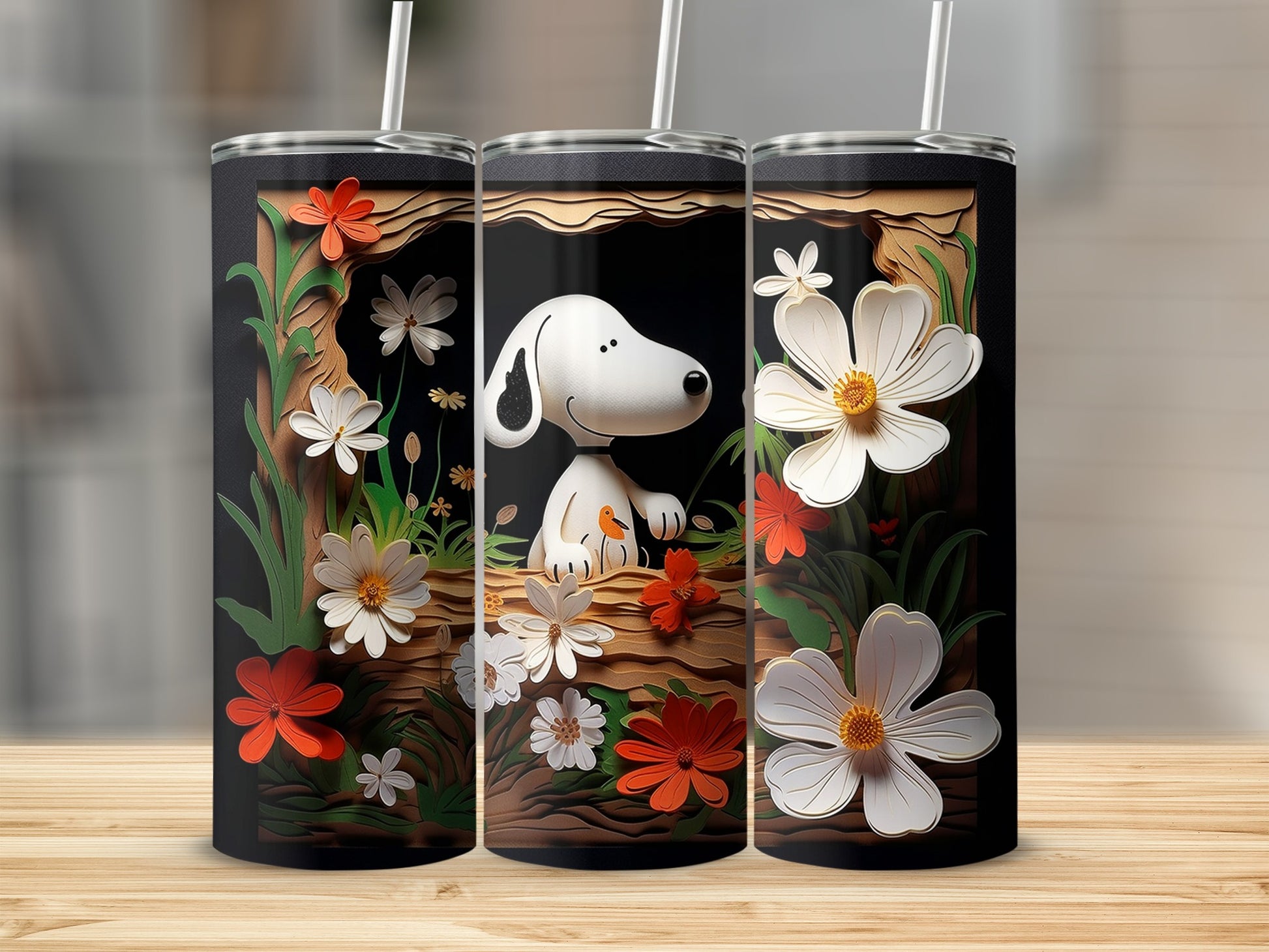 Snoopy surrounded by beautiful flowers tumbler