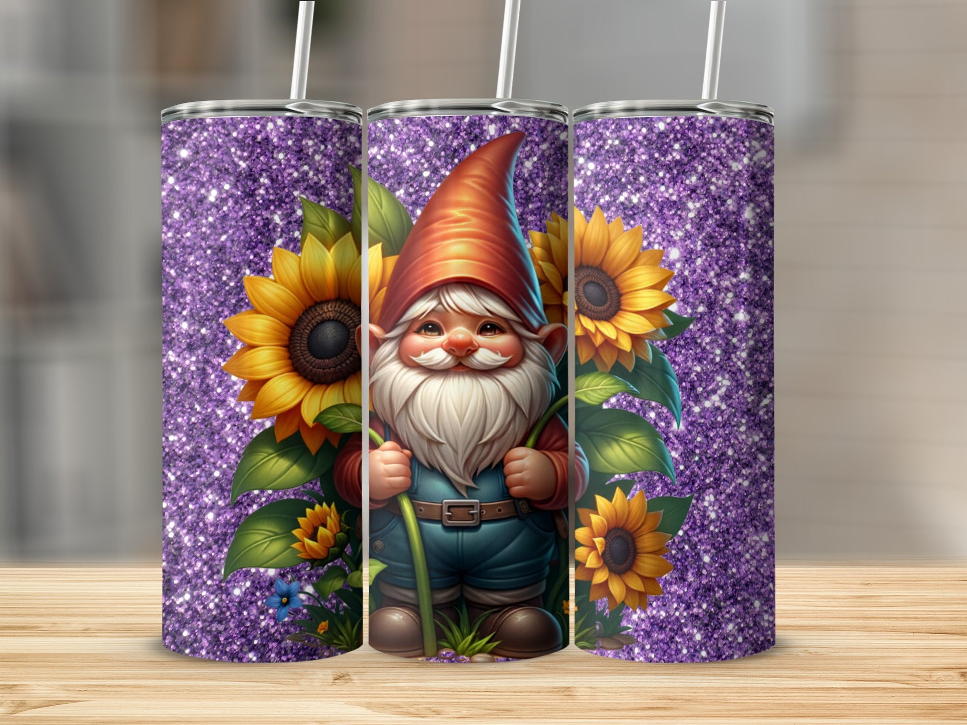 Adorable Gnome and Sunflowers Glitter Tumbler Cup