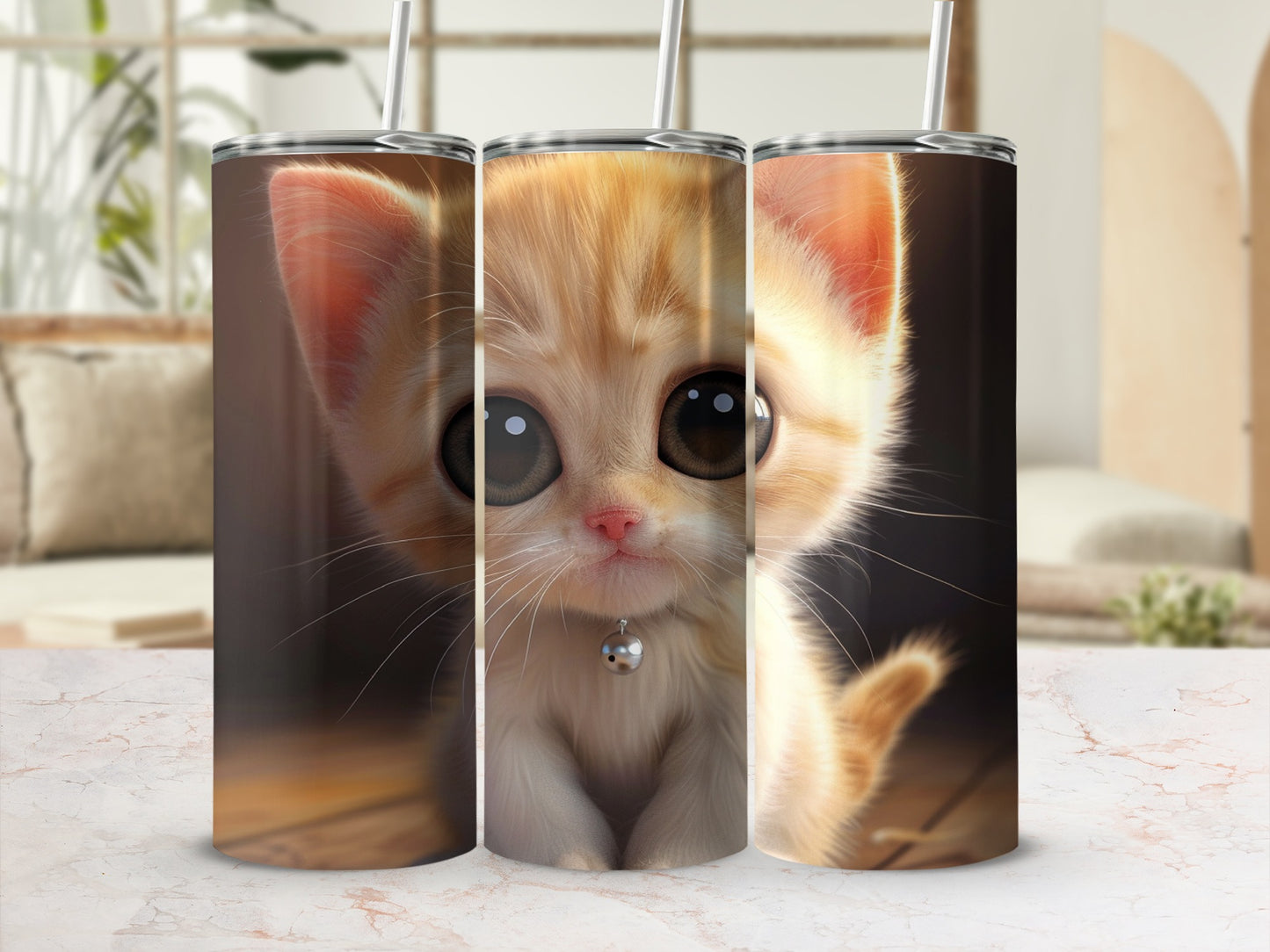 Three tall tumblers with a kawaii kitten design, featuring large, expressive eyes.